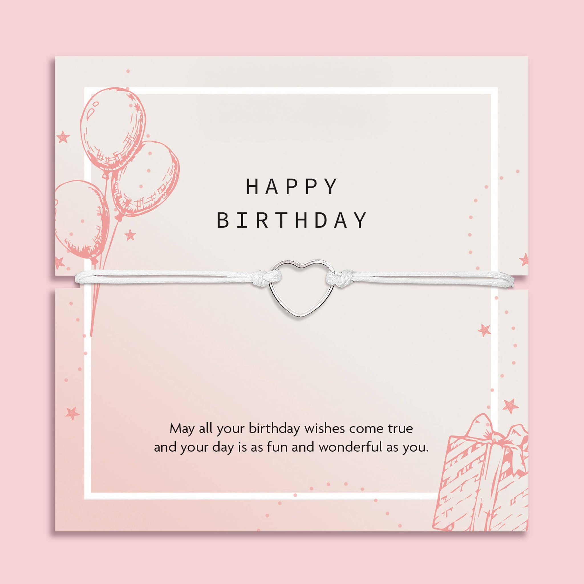 Happy Birthday Armband mit offenem Herz auf rosa Geburtstagskarte mit Luftballons