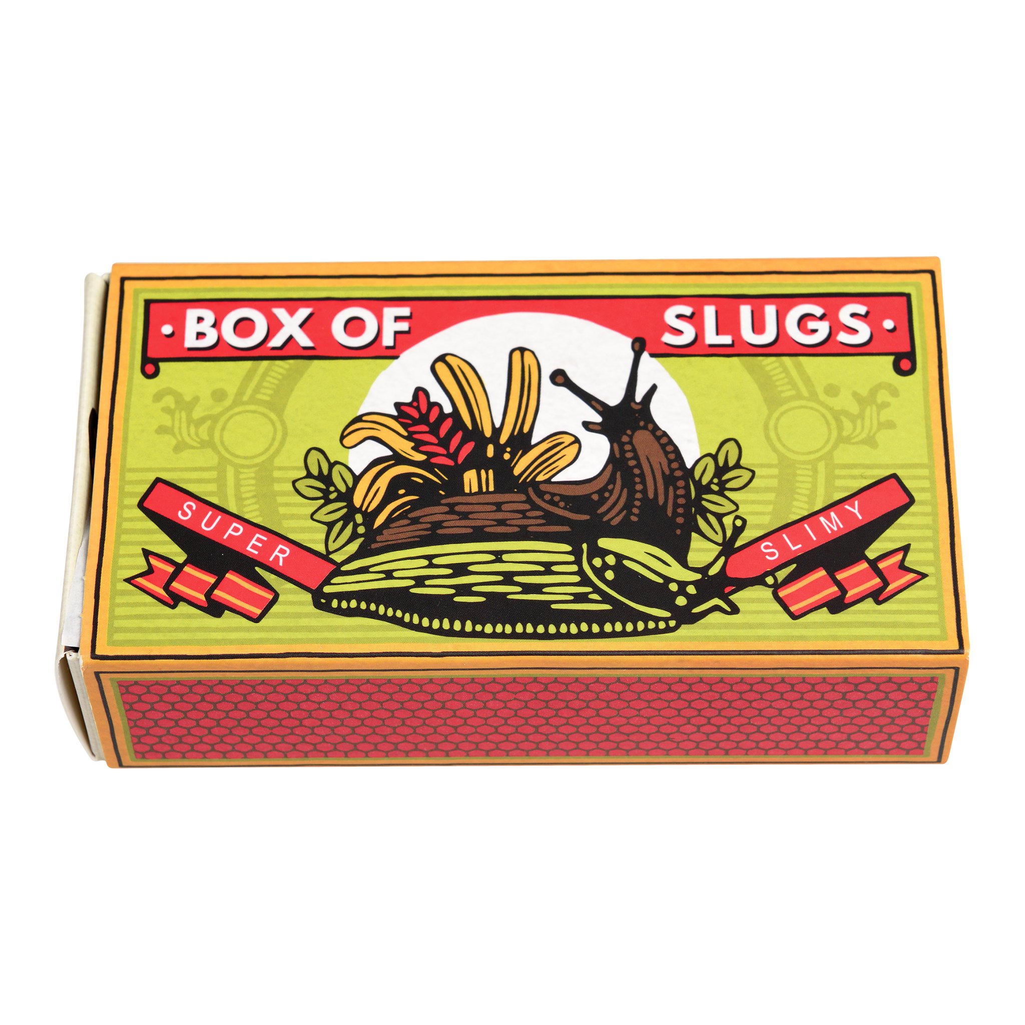 Closed 'Box of Slugs' matchbox in retro design