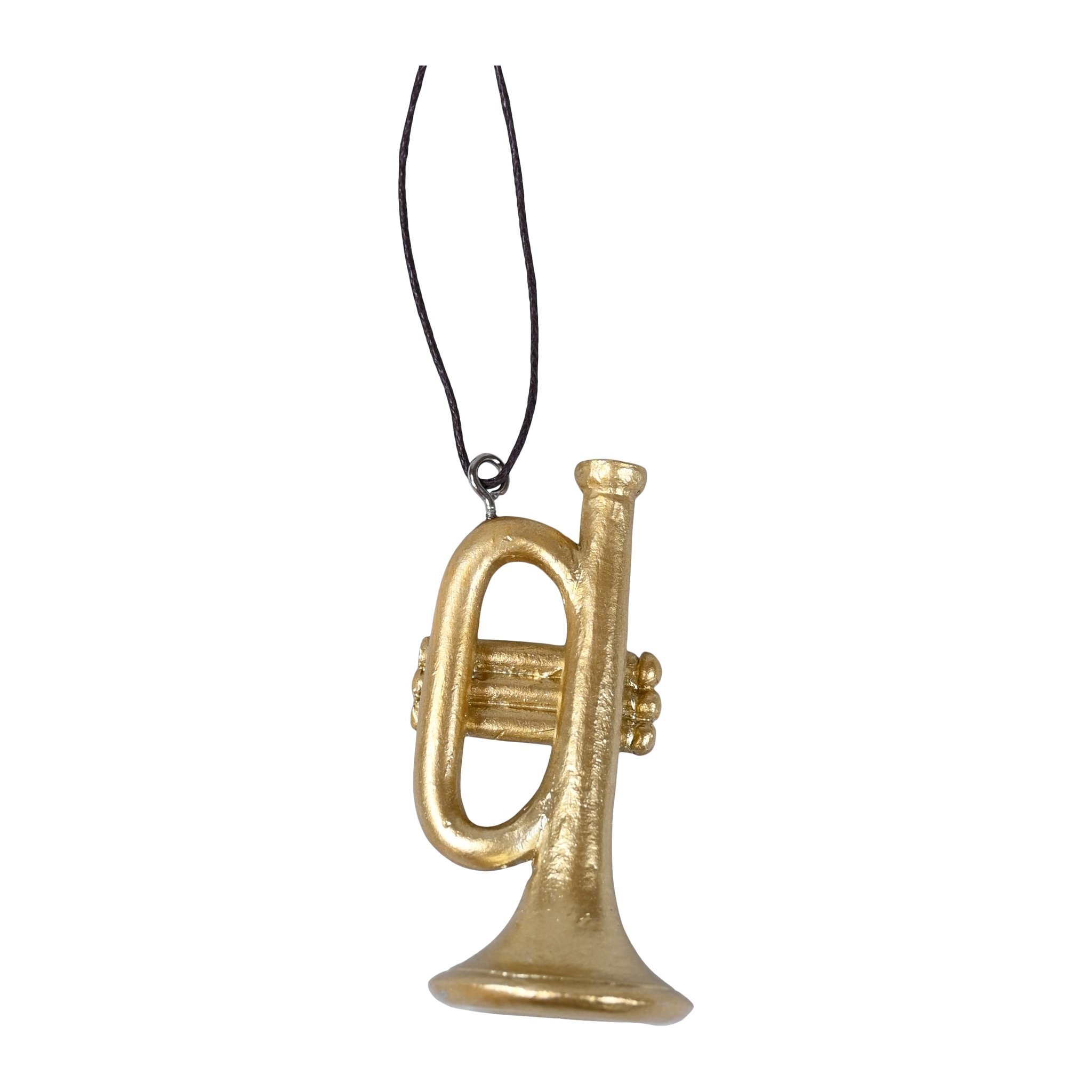 Goldene Trompete als Christbaumschmuck mit braunem Aufhängeband, Vorderansicht