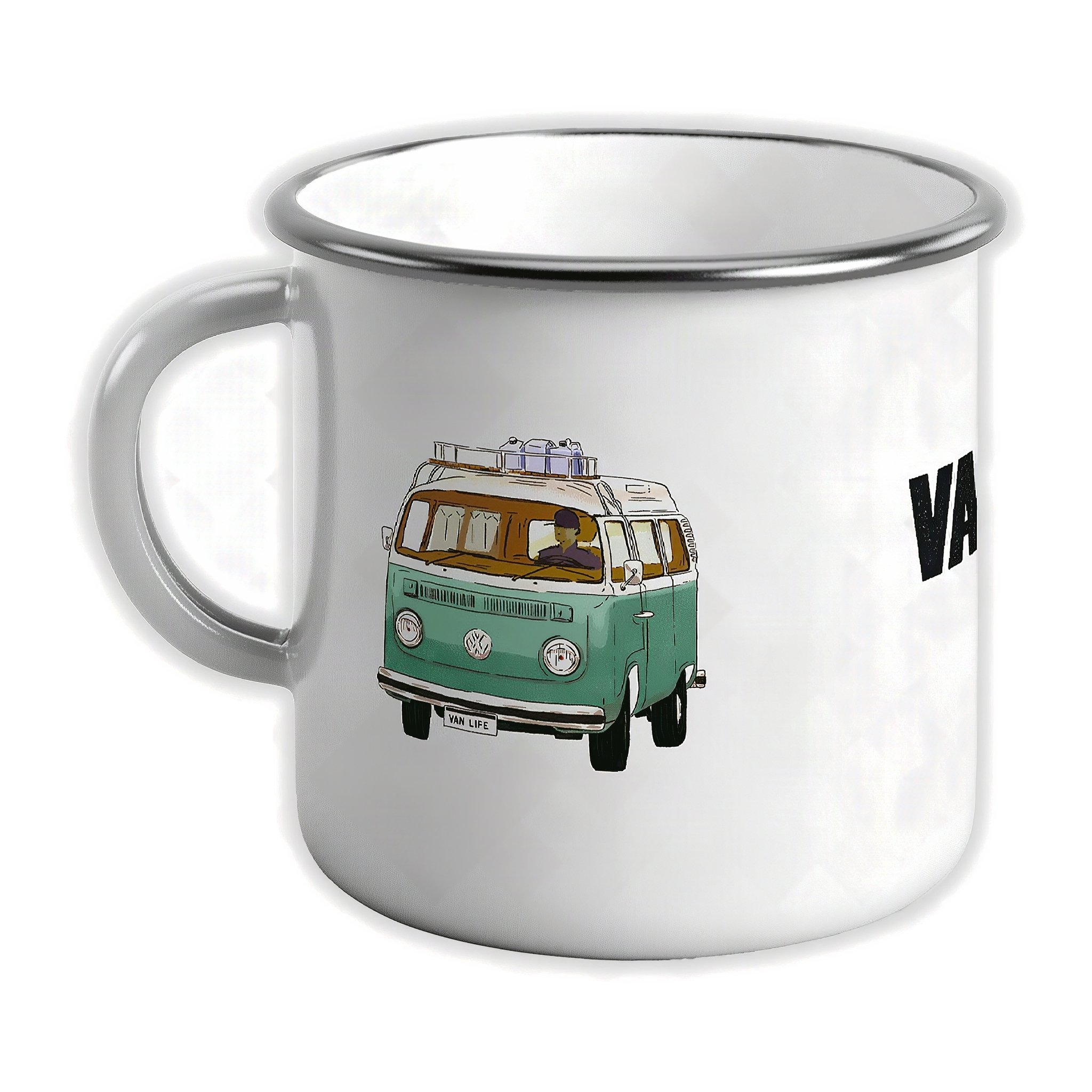 Emailletasse mit grünem Bus