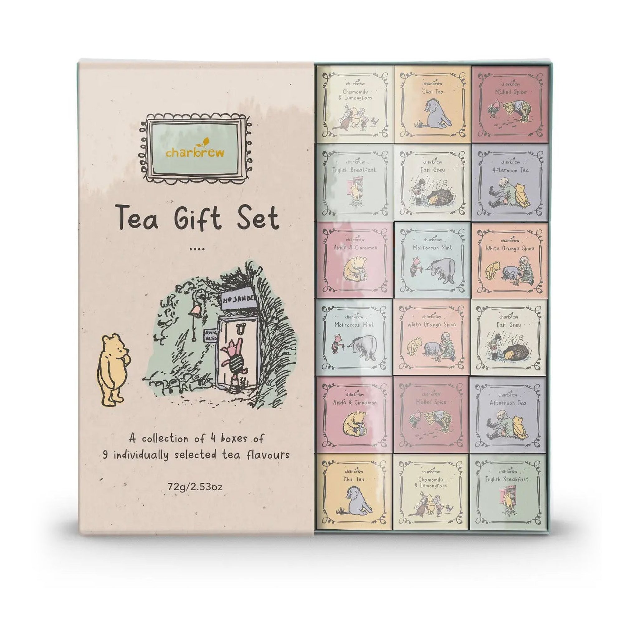 Charbrew Winnie the Pooh tea box gift set with Pooh illustration and colourful tea compartments