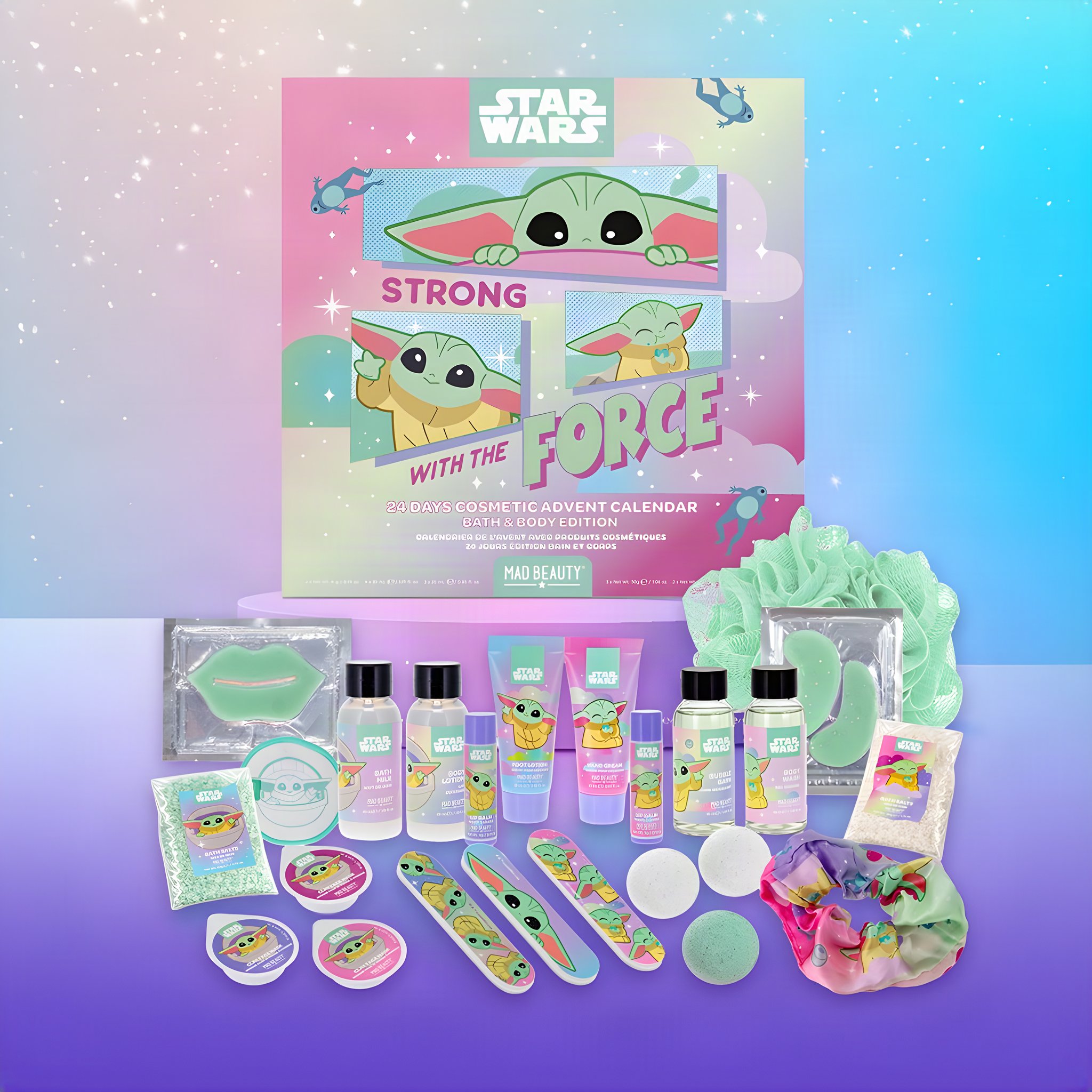 Calendrier de l'Avent Grogu avec son contenu devant : gel douche, lotion, patchs yeux, limes et chouchou