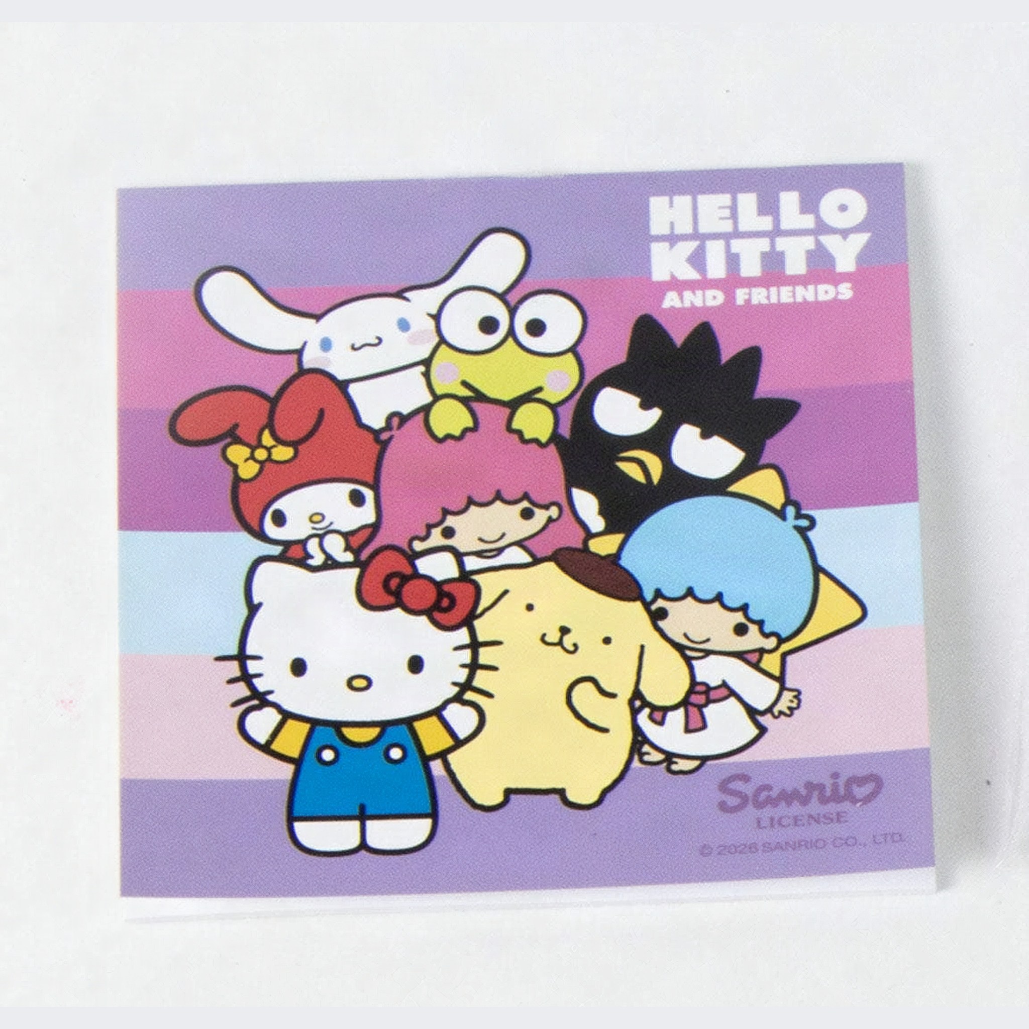 Page de garde du bloc avec le groupe Sanrio sur fond rayé