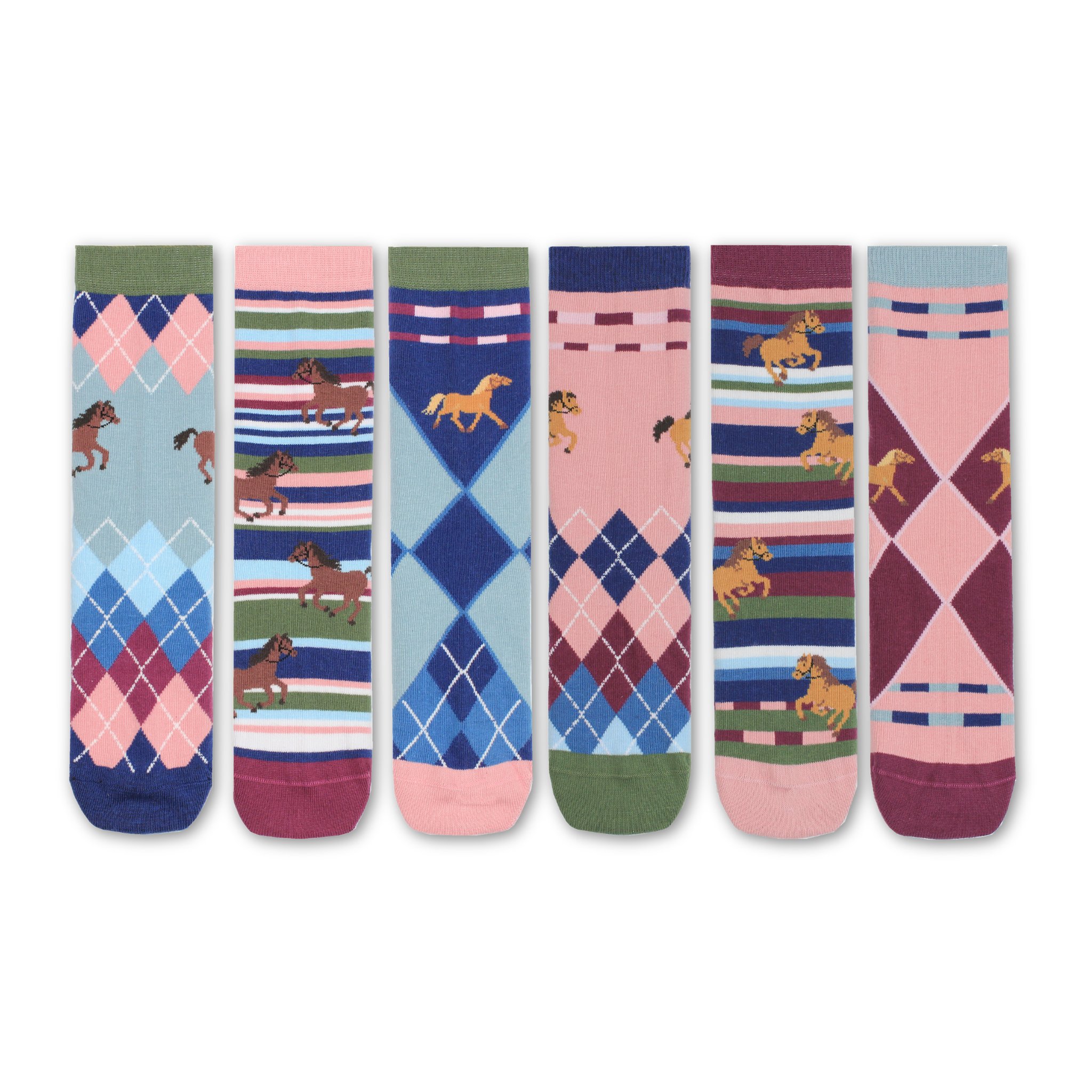 All six Saddle Up socks side by side with galloping horses