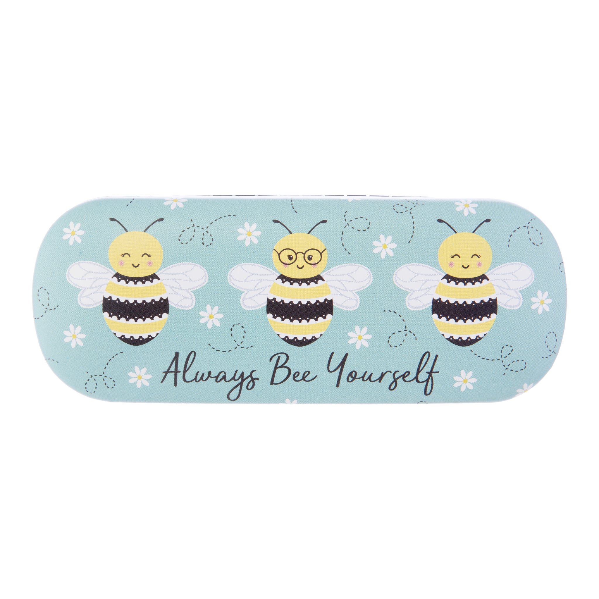 Bienen-Brillenetui freigestellt, Vorderseite mit drei Bienen und Schriftzug Always Bee Yourself