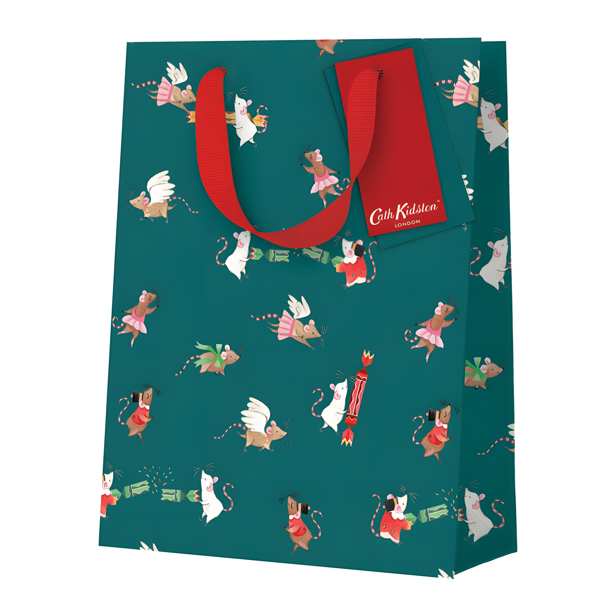 Busta regalo media Cath Kidston con topolini schiaccianoci di Ohh Deer con manici in nastro su sfondo bianco