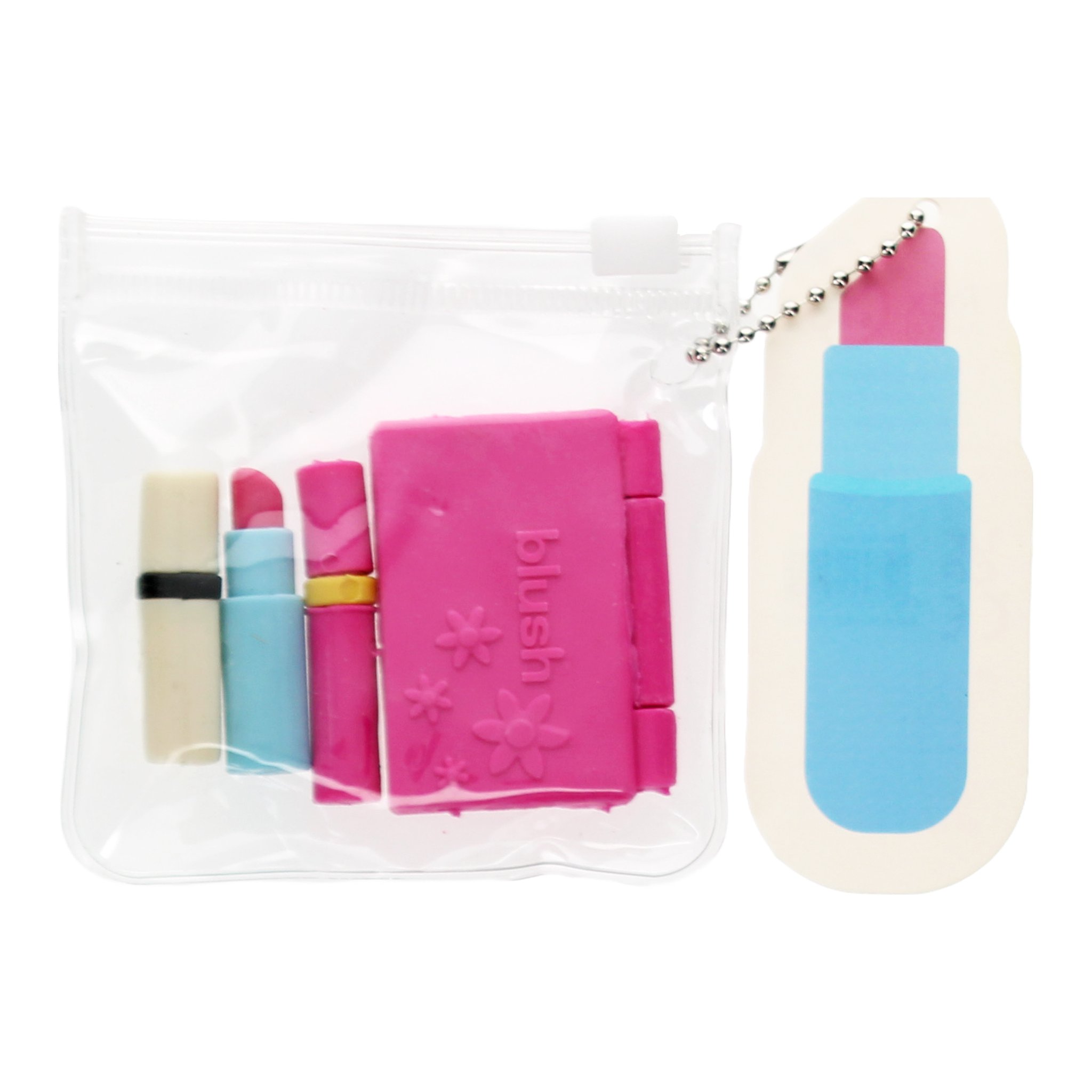 Makeup Radiergummis in der transparenten Zip-Tasche mit Lippenstift-Anhänger