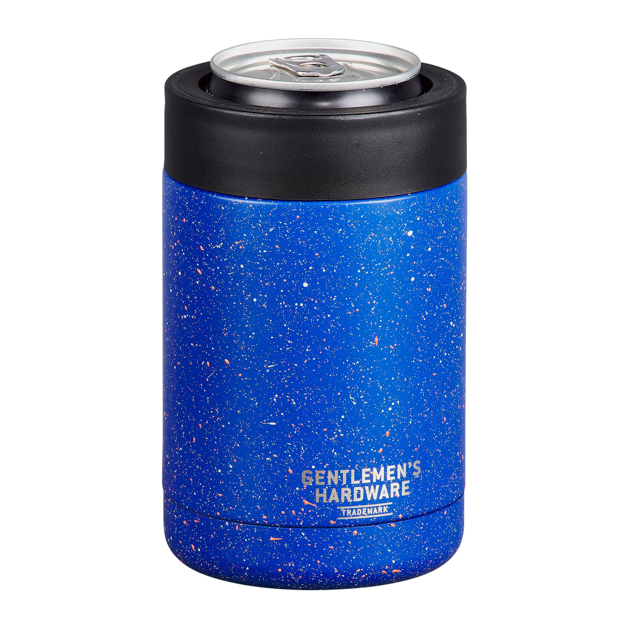 Blue Beverage Cooler with a drinks can slotted in, its lid poking out above the black rim