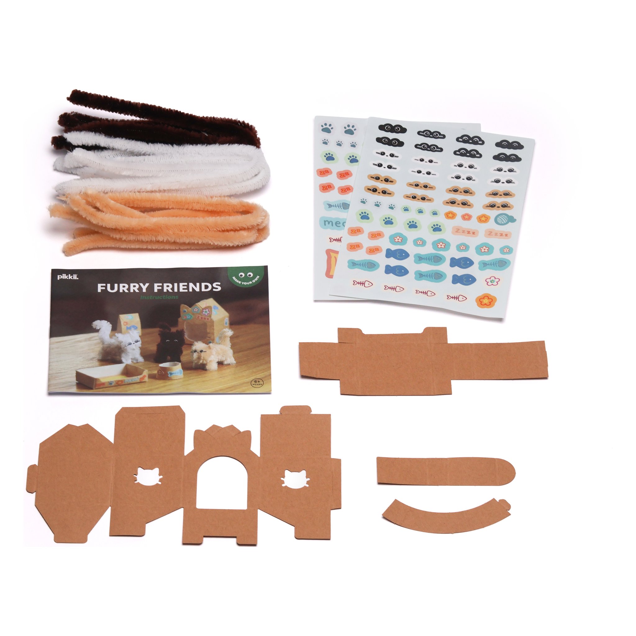 Mini Furry Friends craft kit – contents with pipe cleaners, stickers and card pieces