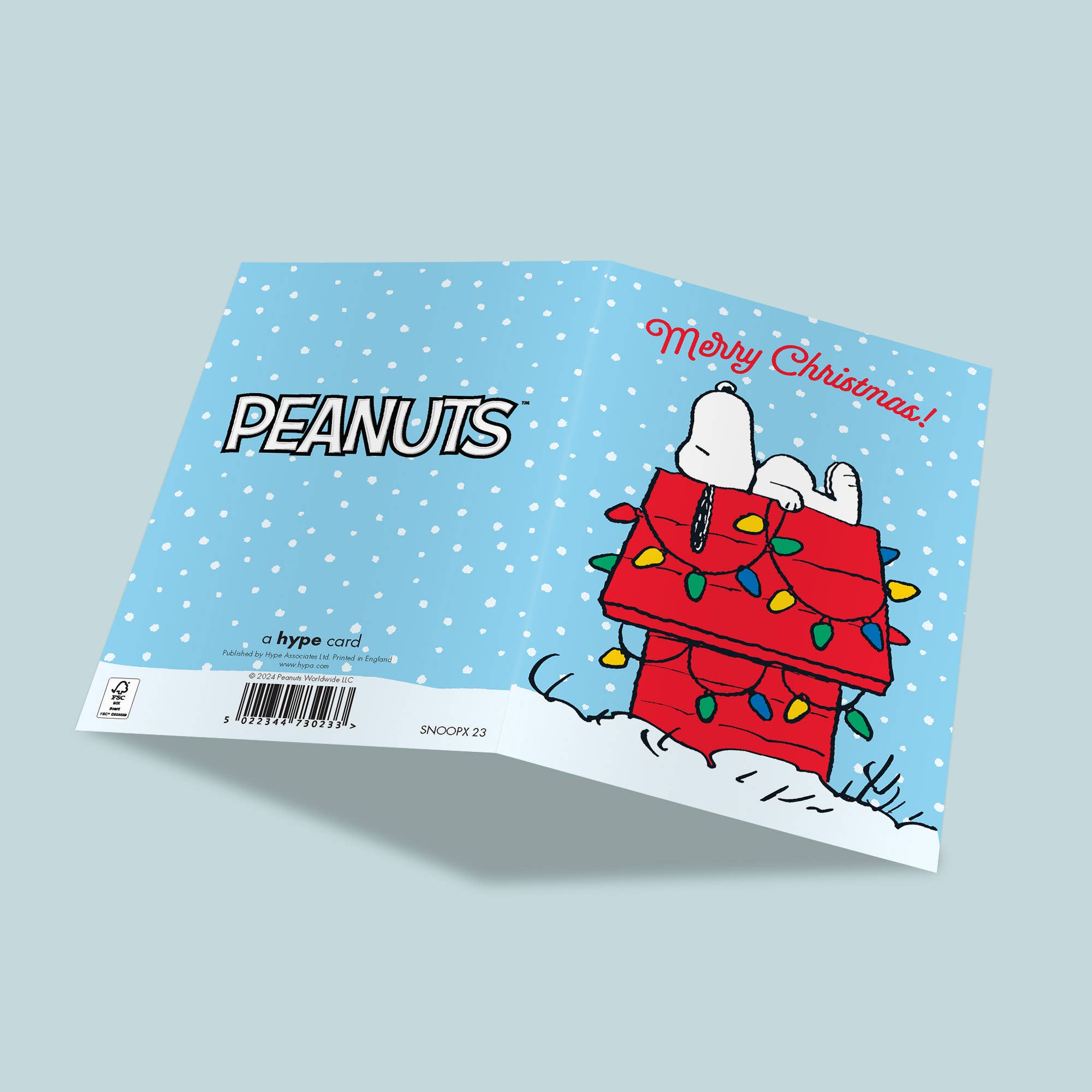 Weihnachtskarte Snoopy Hundehütte mit Lichterkette – aufgeklappt