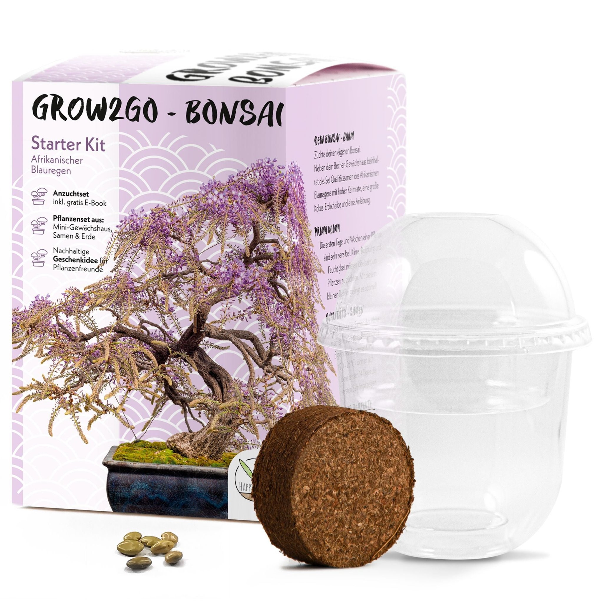 Grow2Go Bonsai Starter-Kit Afrikanischer Blauregen Verpackung mit Mini-Gewächshaus Samen und Kokoserde