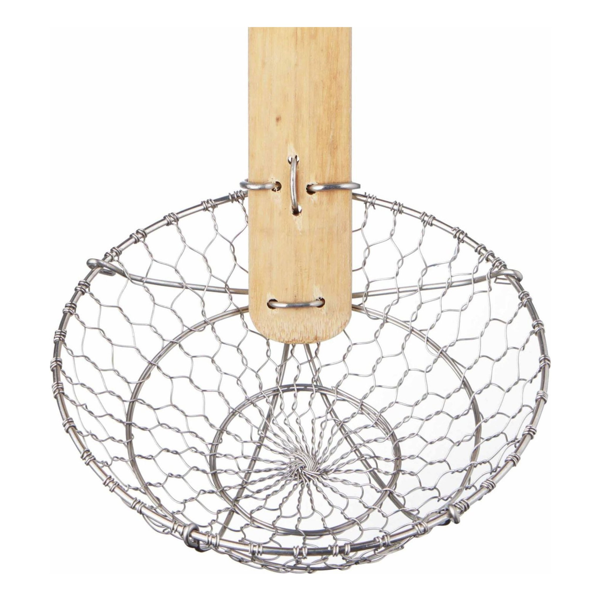 Detailansicht Edelstahl-Siebkorb der Bambus Schaumkelle