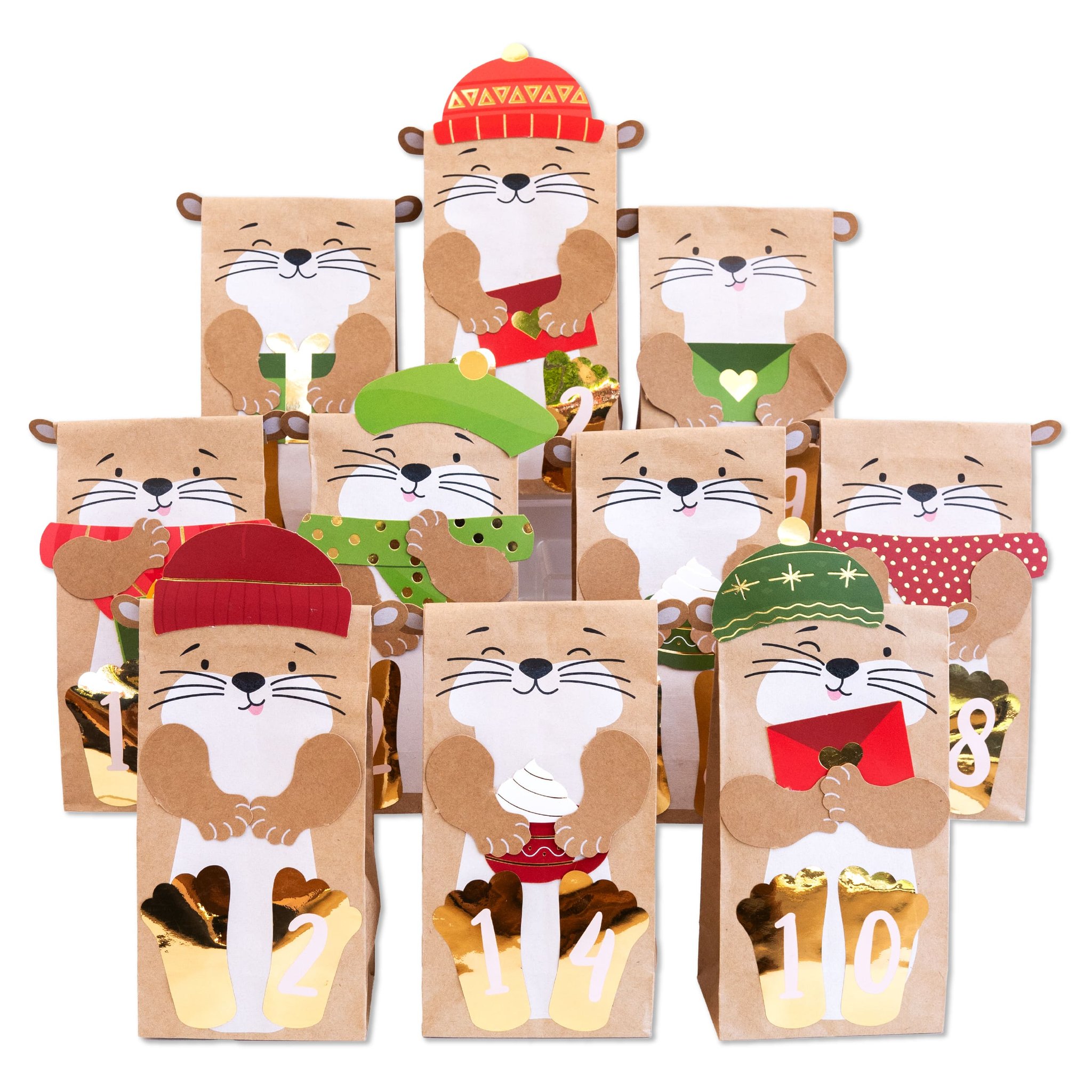 24 Kraftpapiertüten als Otter mit Mützen, Schals und goldenen Zahlen des Otterfamilie Adventskalenders