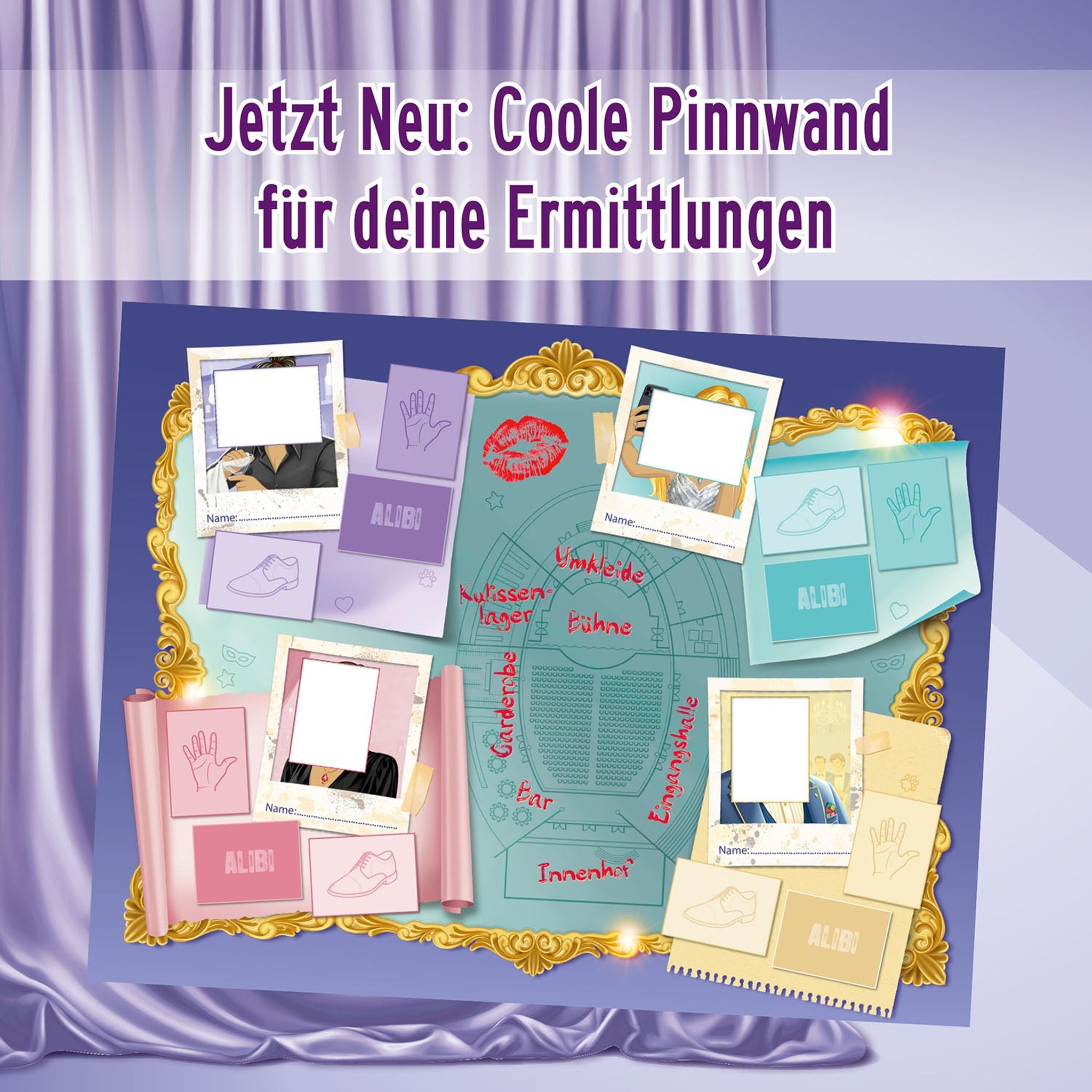 Pinnwand für die Ermittlungen im Die drei !!! Adventskalender mit Opernplan und Feldern für Alibis
