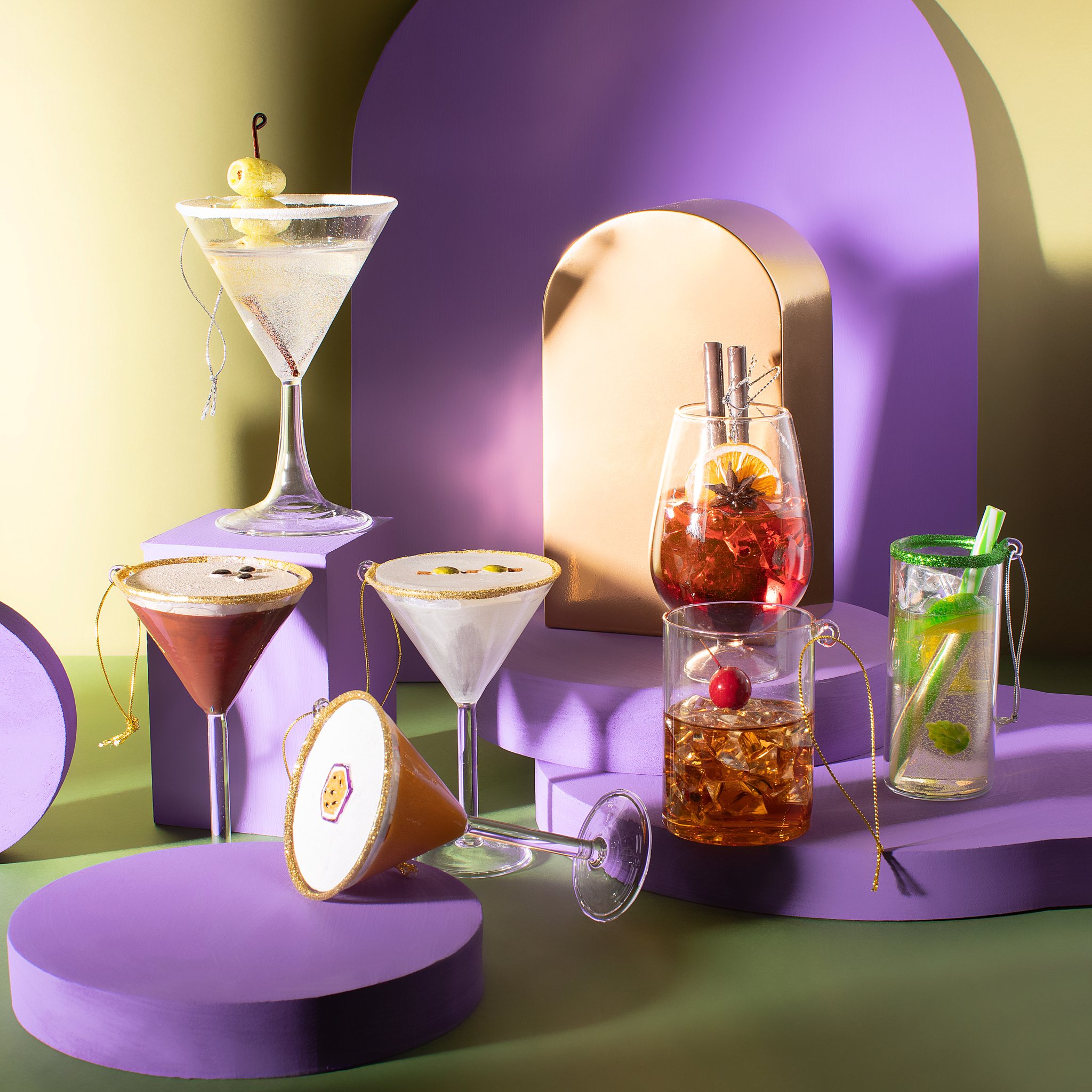 Whiskyglas Weihnachtsbaumschmuck in der Cocktail-Kollektion mit Martini- und Espresso-Martini-Anhängern