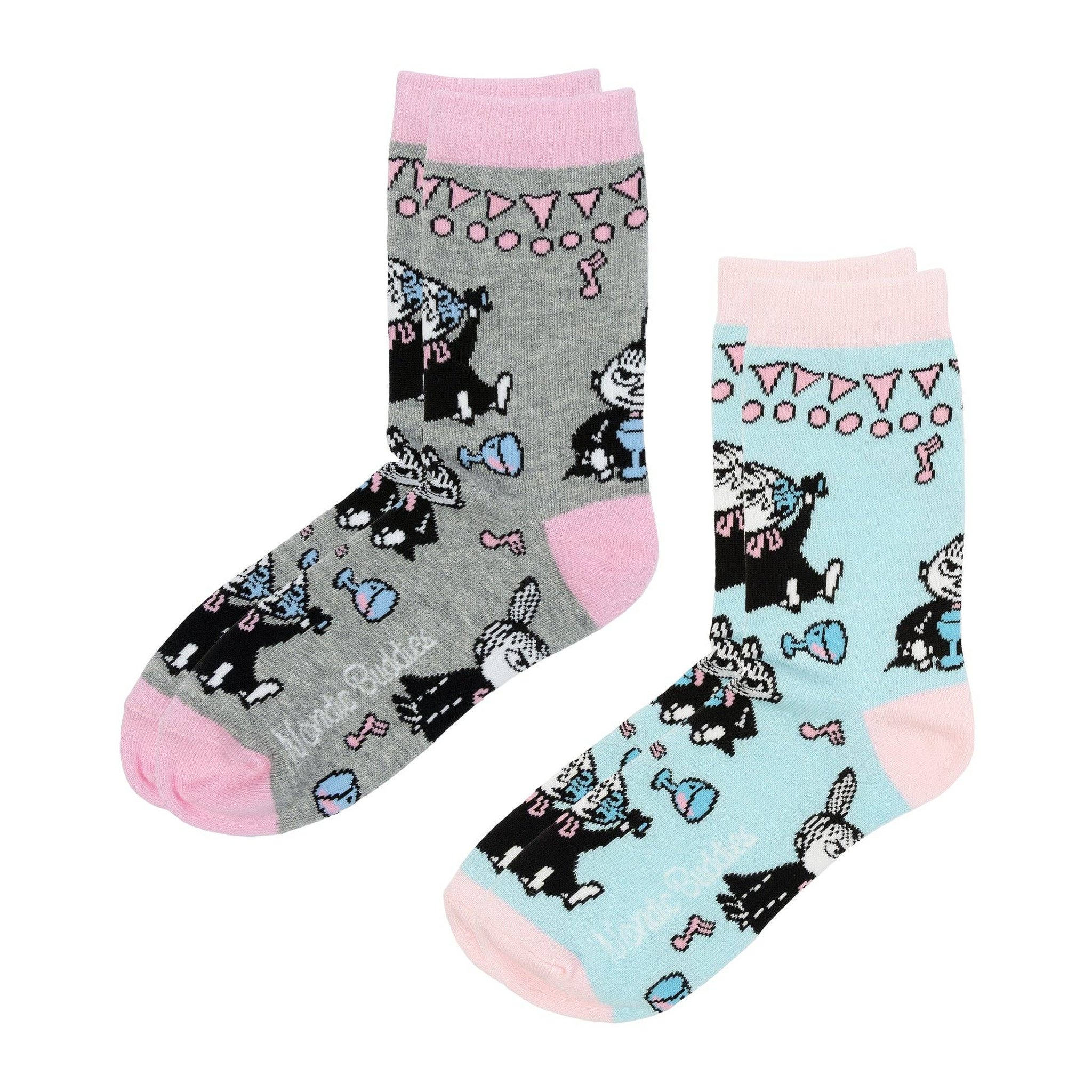 Both pairs of socks from the Little My Party gift box side by side, with Moomin prints