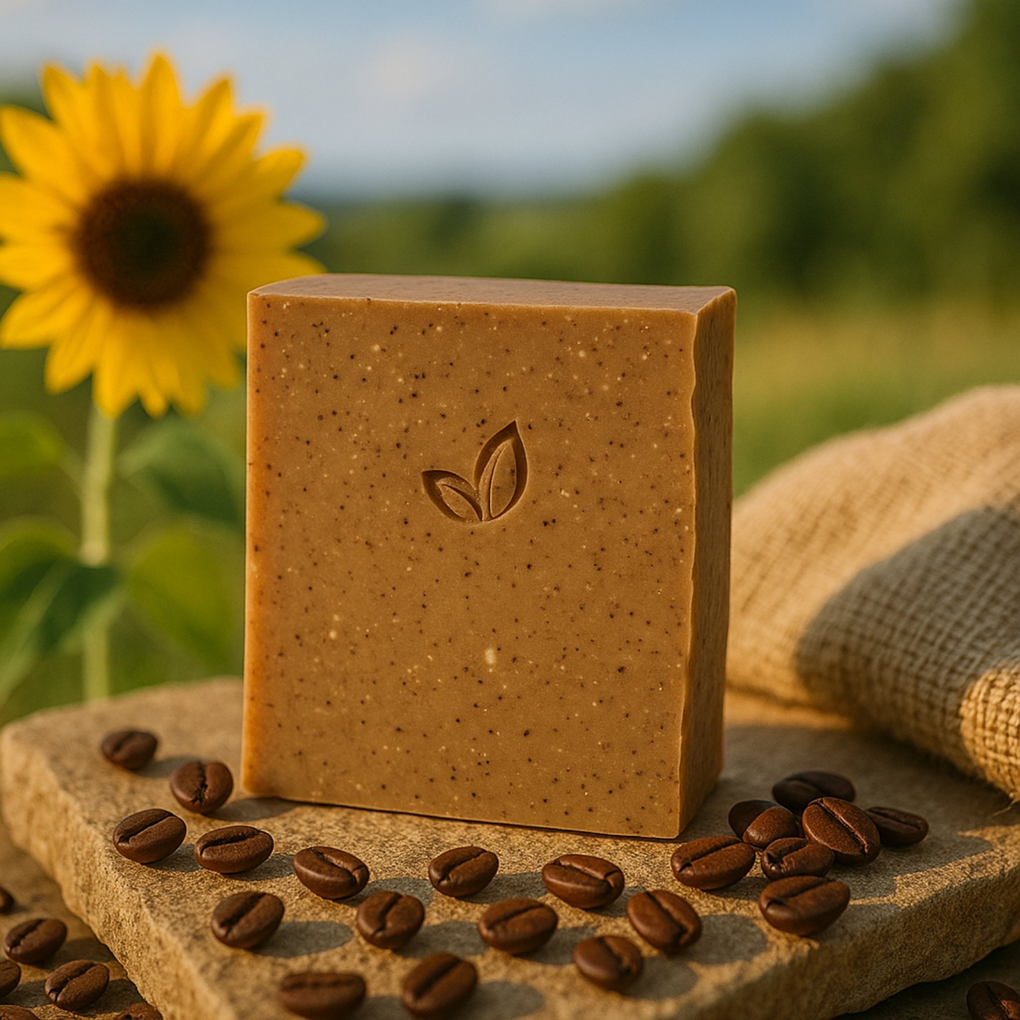 Naturseife mit Kaffee auf Stein mit Kaffeebohnen und Sonnenblume
