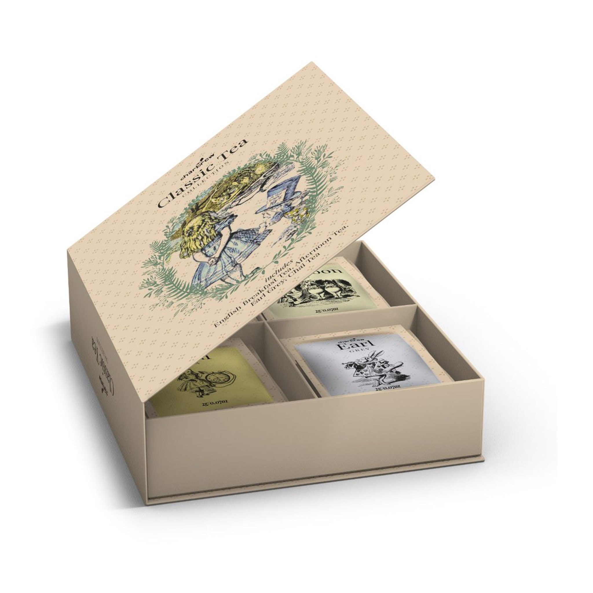 Open Alice in Wonderland tea box with the lid lifted and tea sachets inside