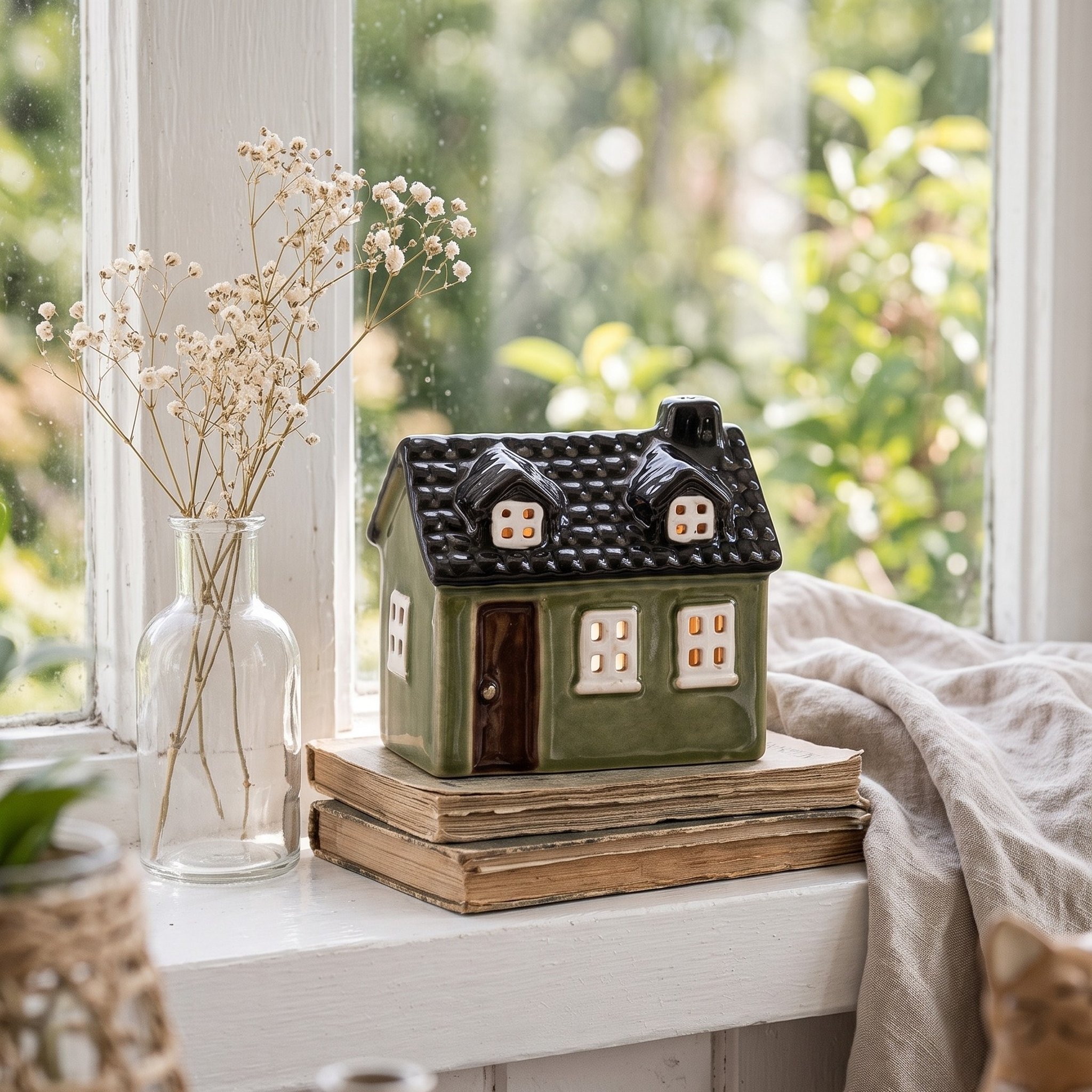 Green ceramic light house on old books by a bright window