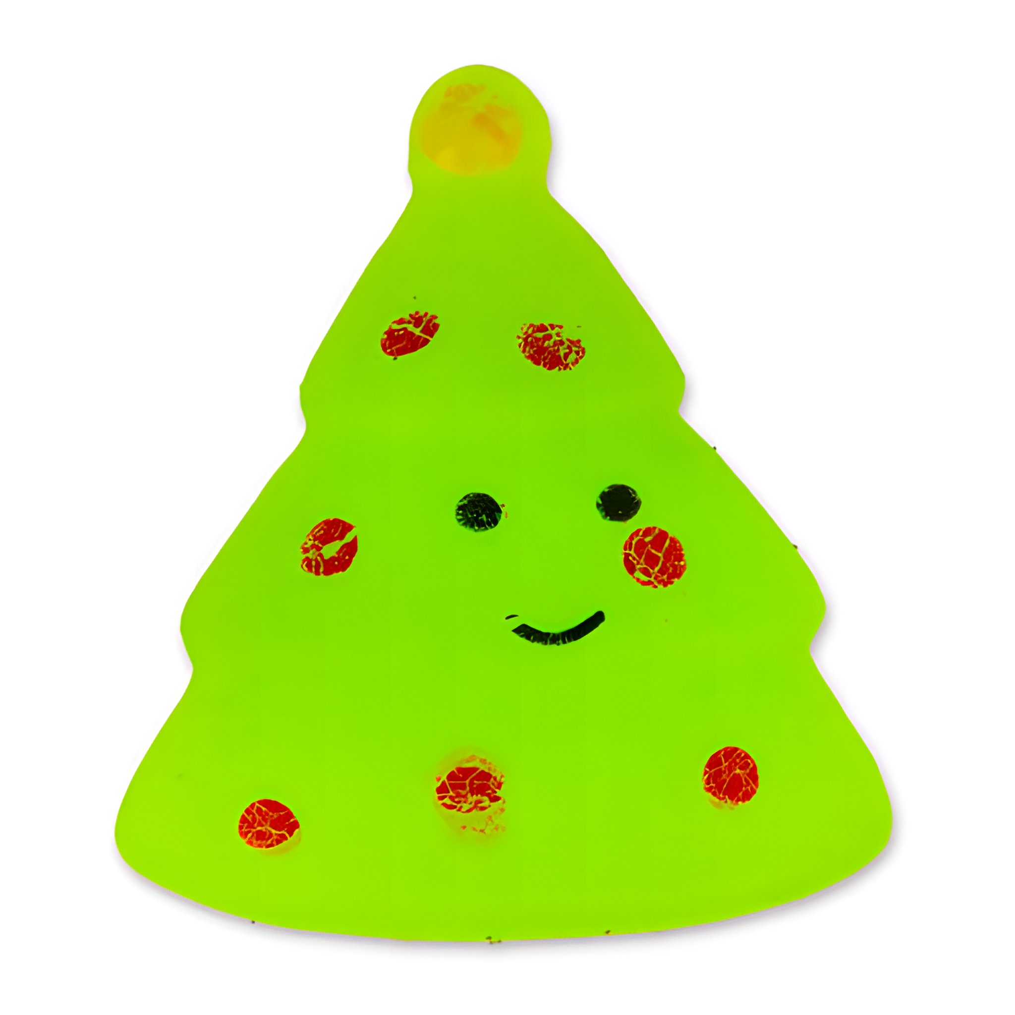 Squishy albero di Natale verde con faccina e palline rosse dal calendario dell'Avvento sensoriale