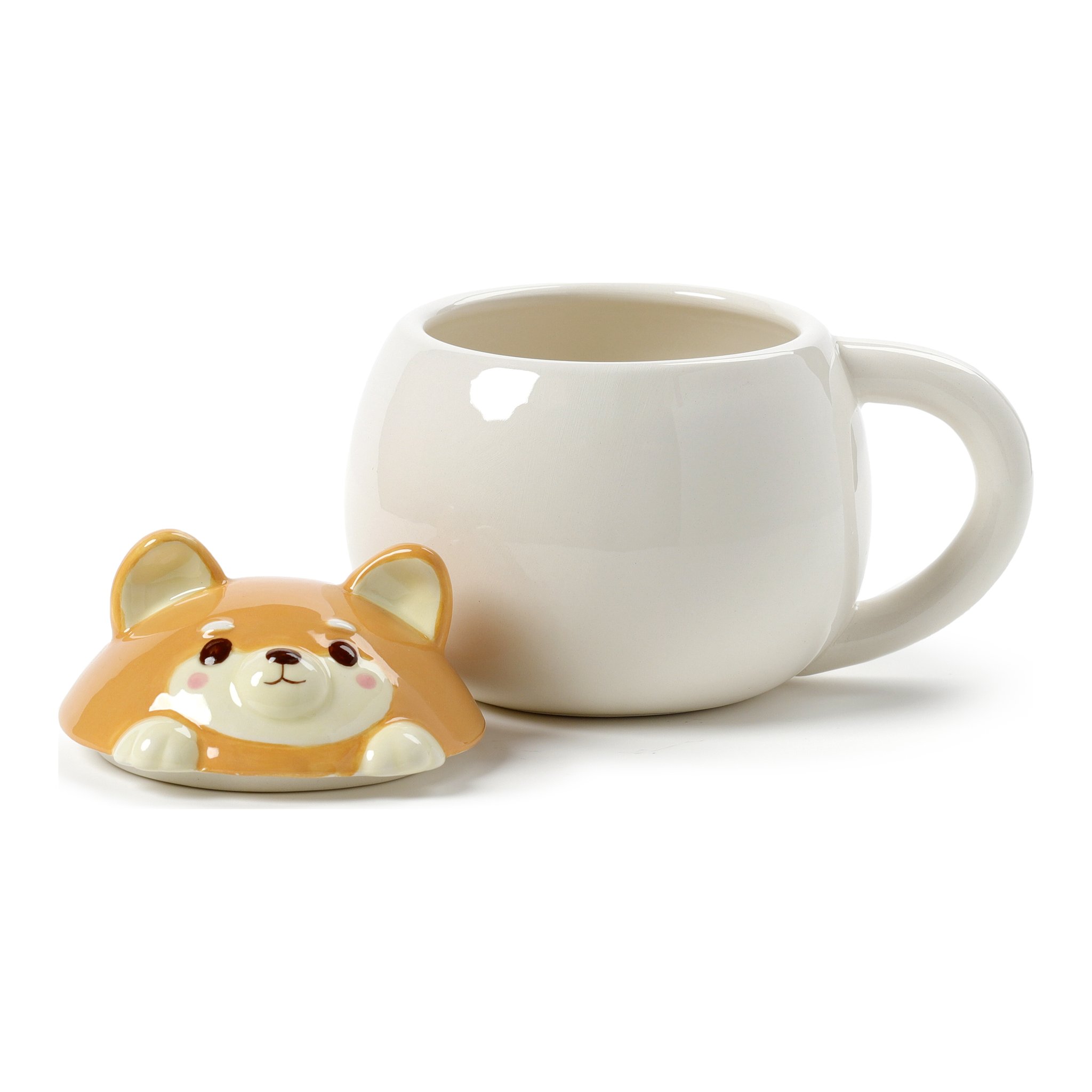 Tasse mit abgenommenem Shiba-Inu-Deckel daneben