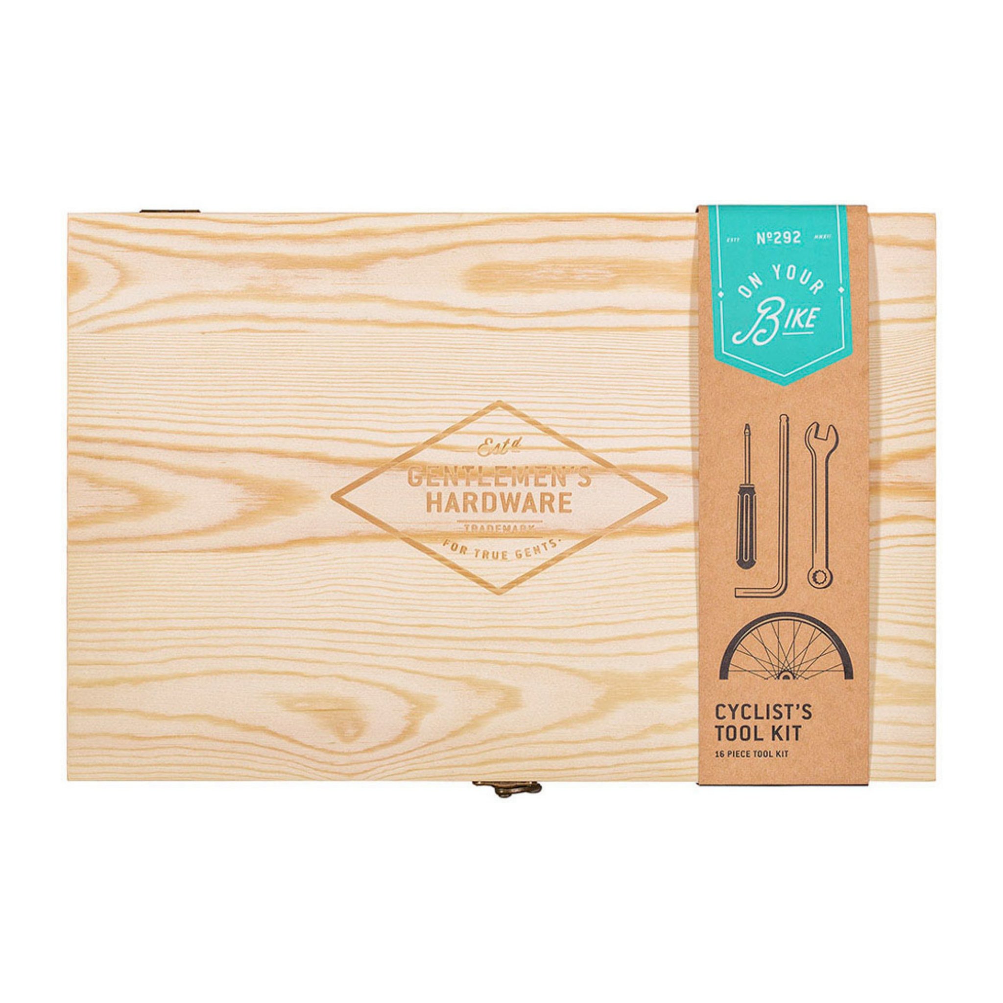 Closed pine box with engraved logo and a kraft paper band, the bicycle tool kit in wooden box from above