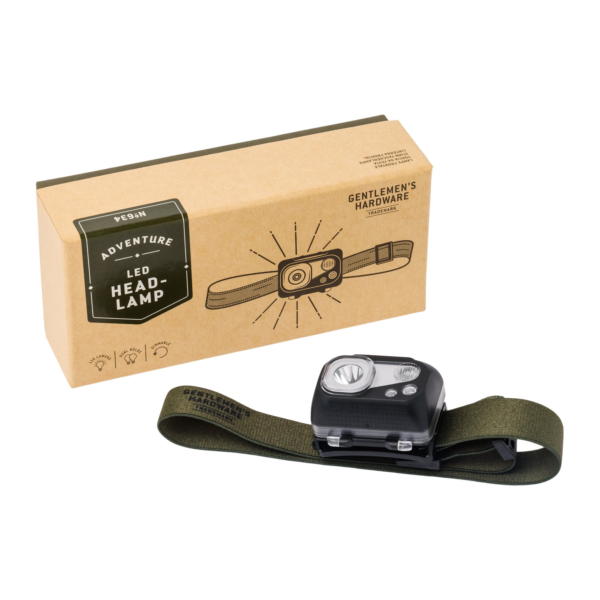 Stirnlampe mit olivgrünem Band liegt vor der braunen Kartonschachtel mit der Aufschrift LED Head-Lamp