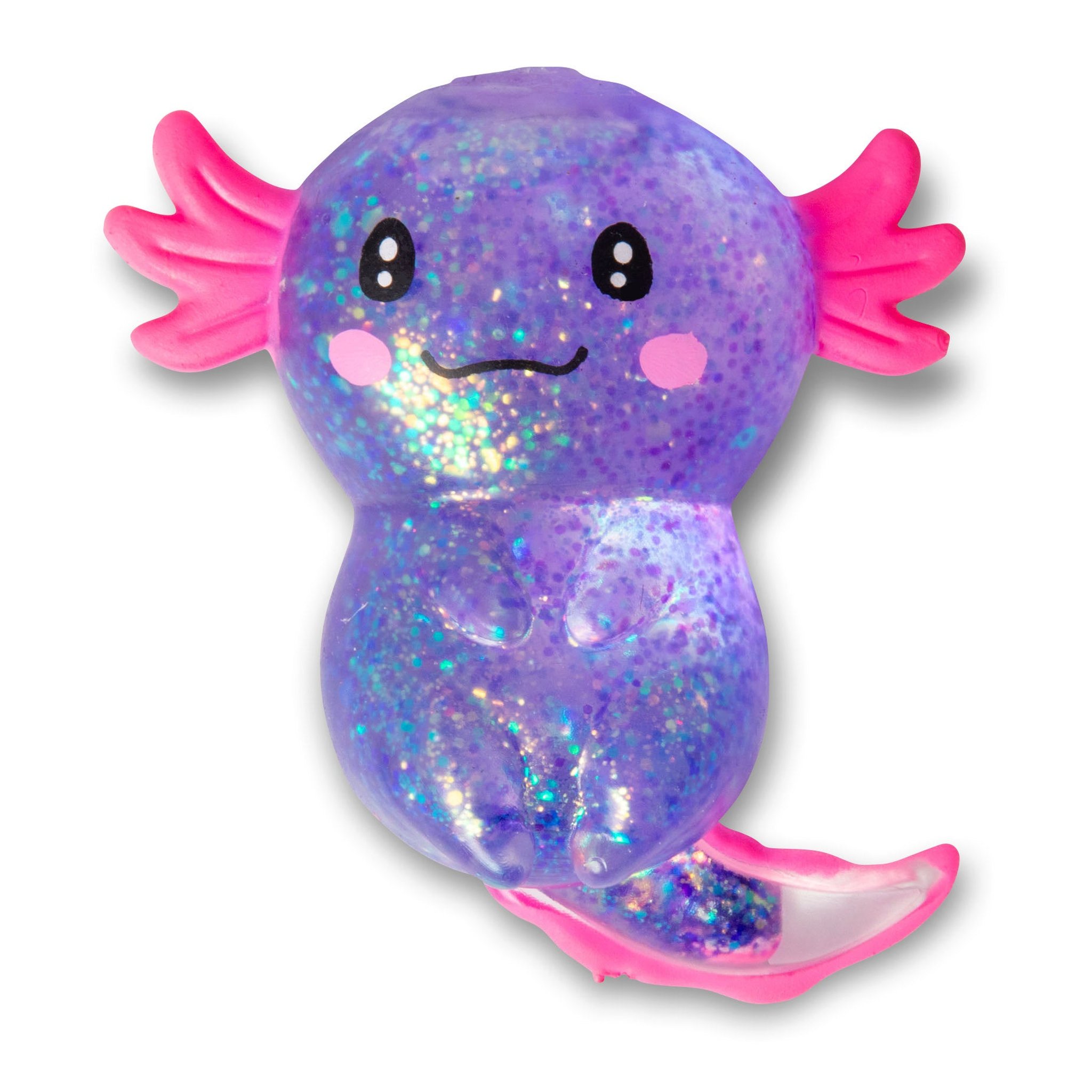 Lila Axolotl-Squishy mit Glitzerfüllung, pinken Kiemen und lächelndem Gesicht
