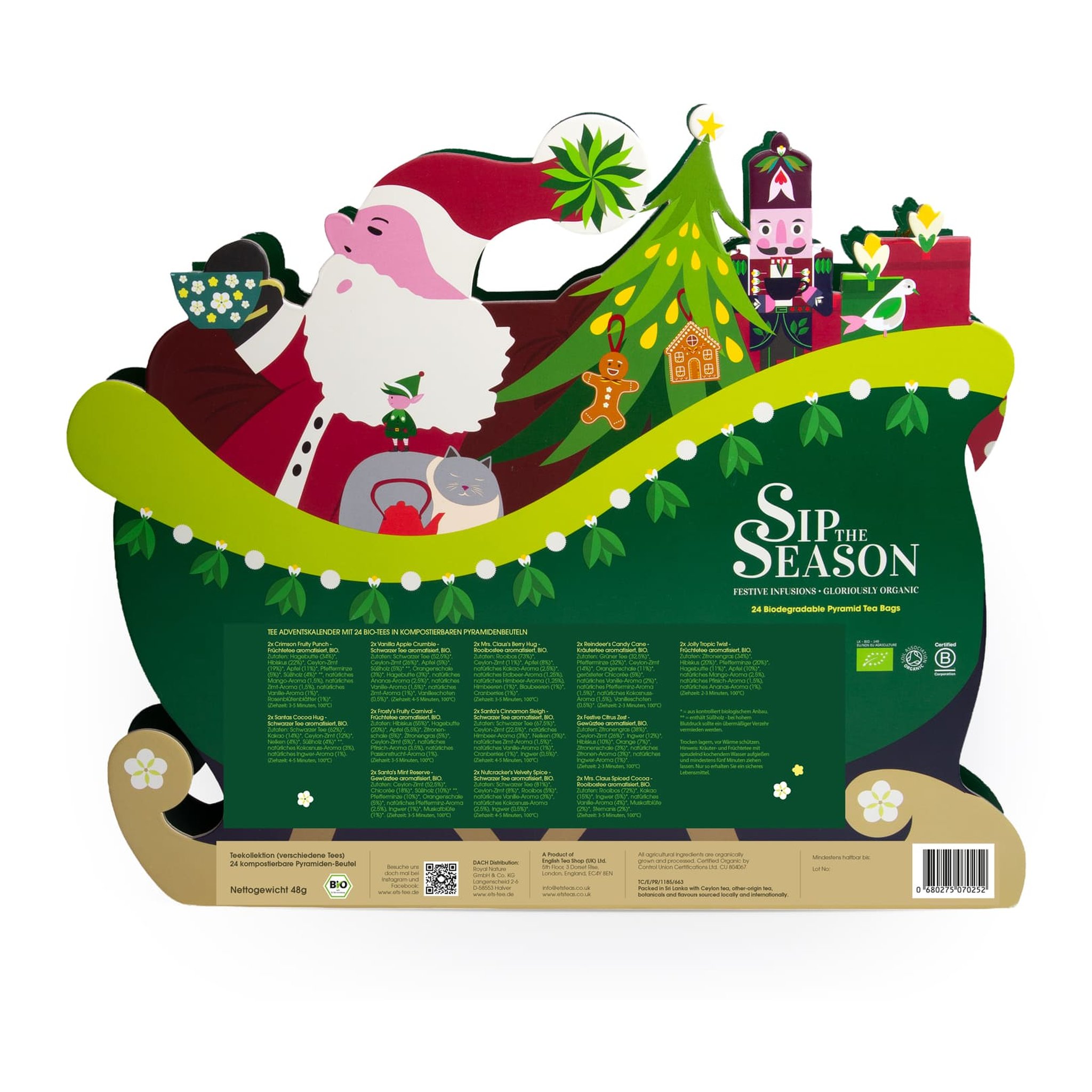 Dos du calendrier de l'Avent au thé en forme de traîneau avec informations produit, logo bio et code-barres