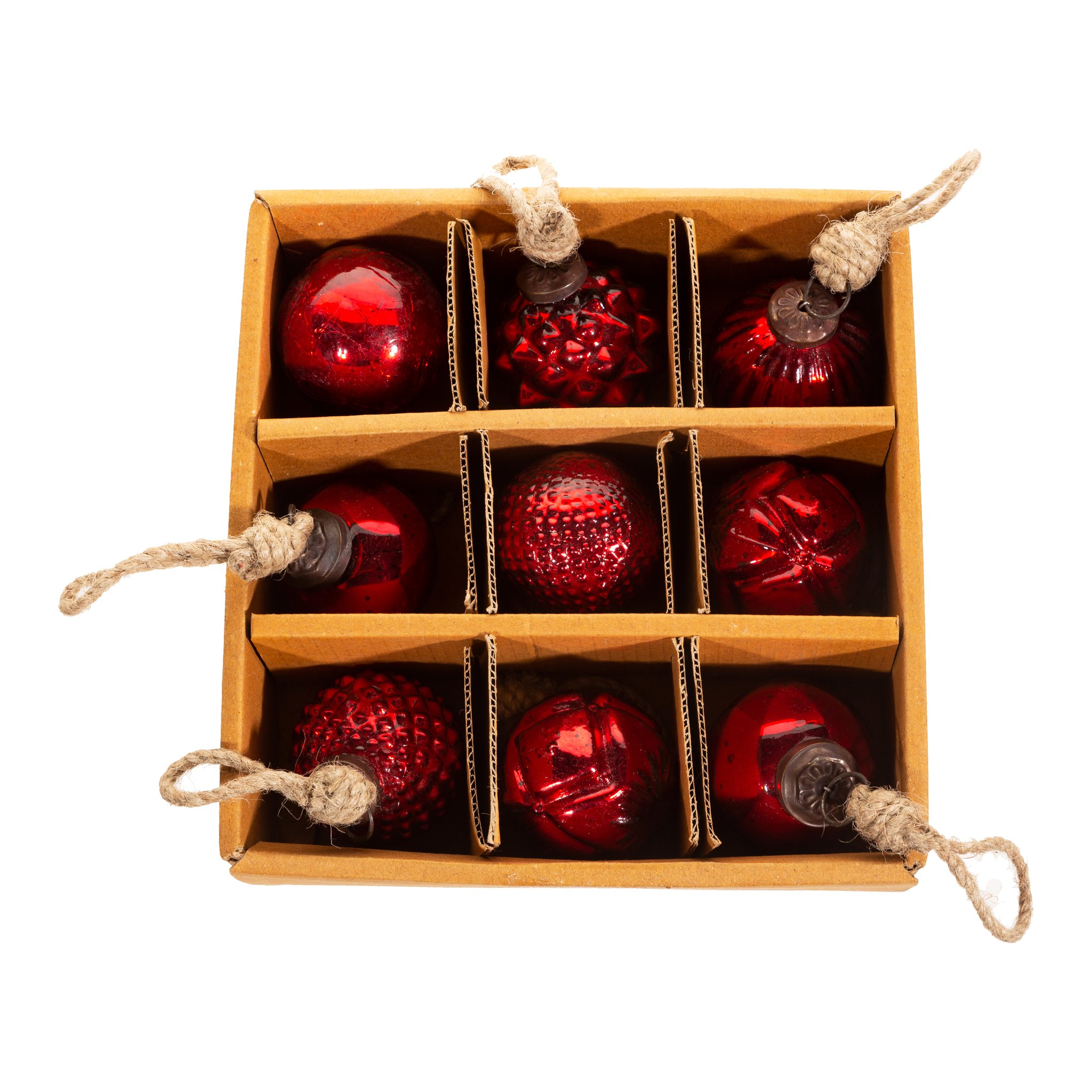 Mini-Weihnachtskugelset Rot in der Kartonbox mit neun Fächern