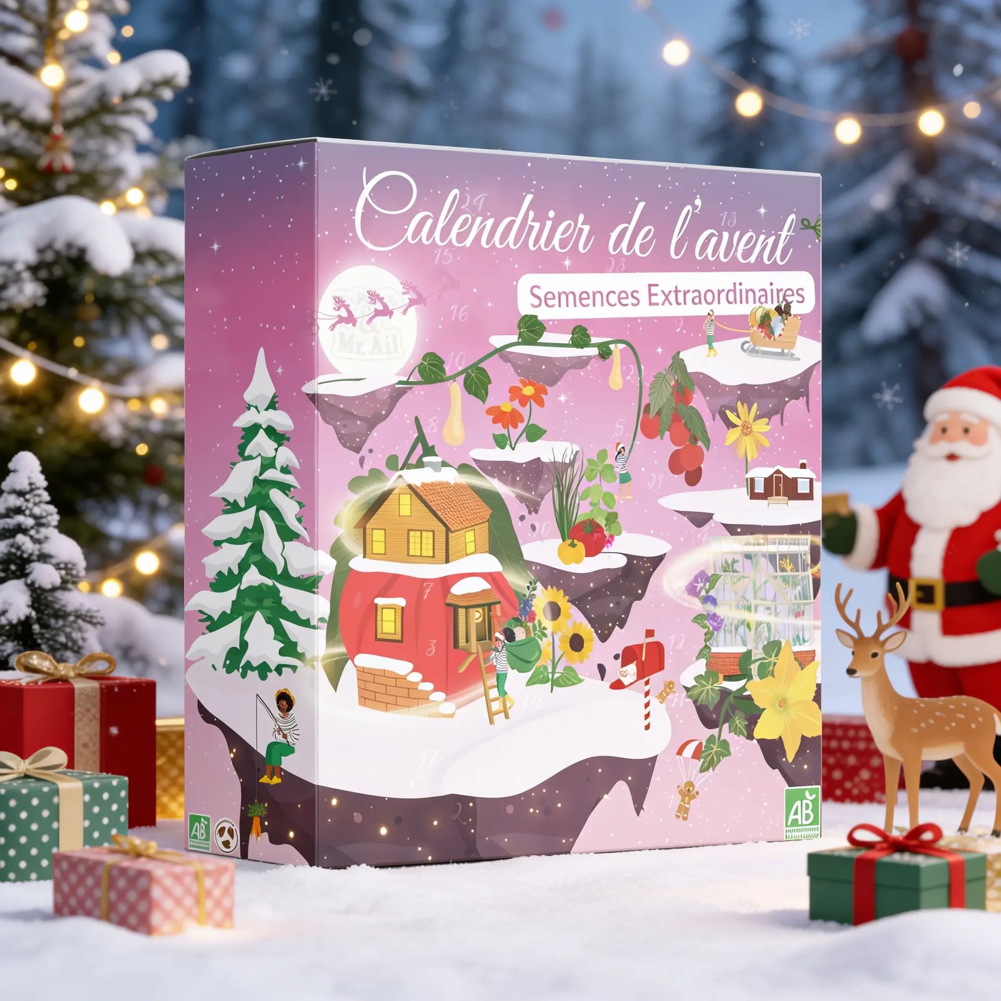 Calendrier de l'Avent de semences dans la neige entre cadeaux, guirlandes, renne et père Noël