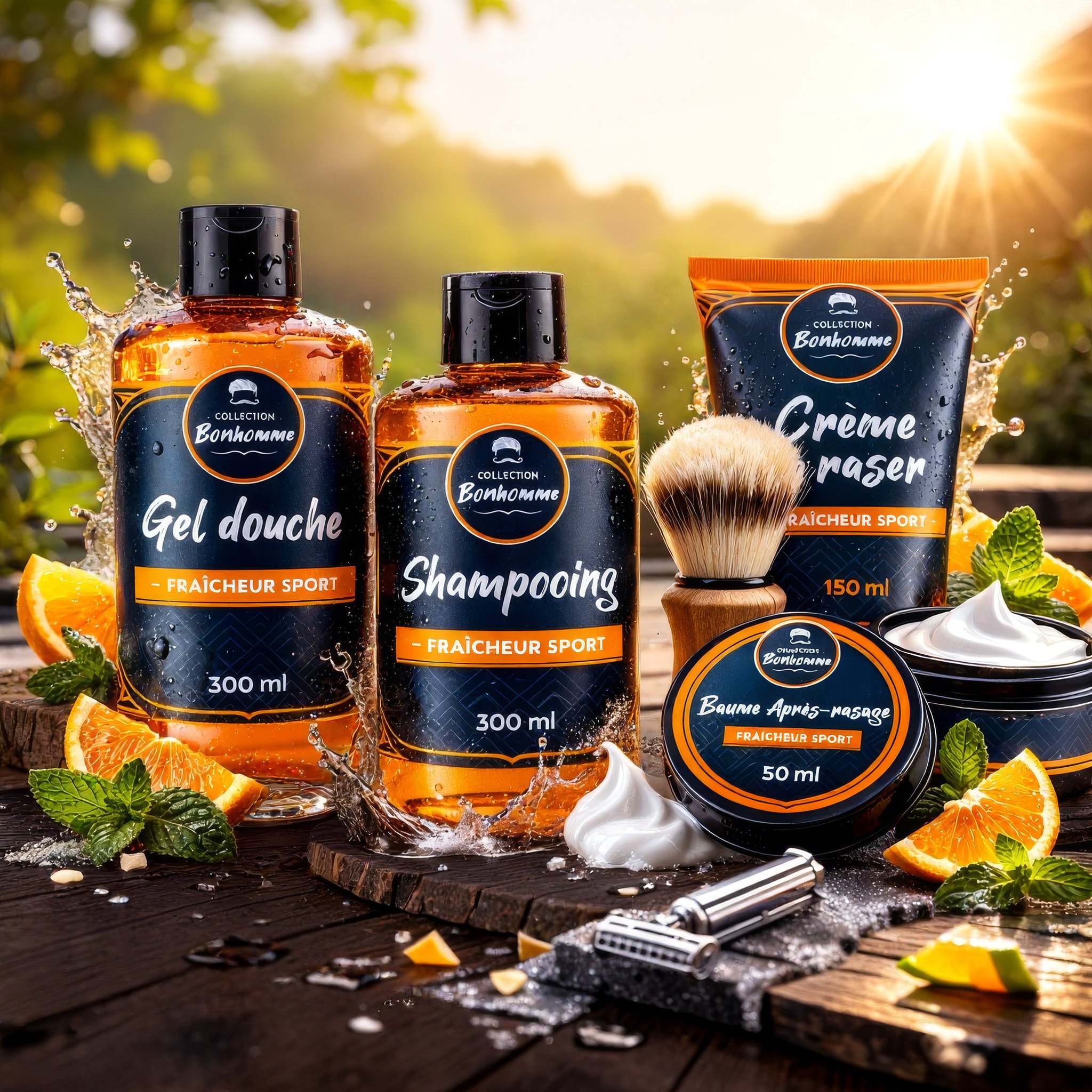 Bonhomme Duschgel, Shampoo, Rasiercreme und After-Shave-Balsam mit Orangen und Minze
