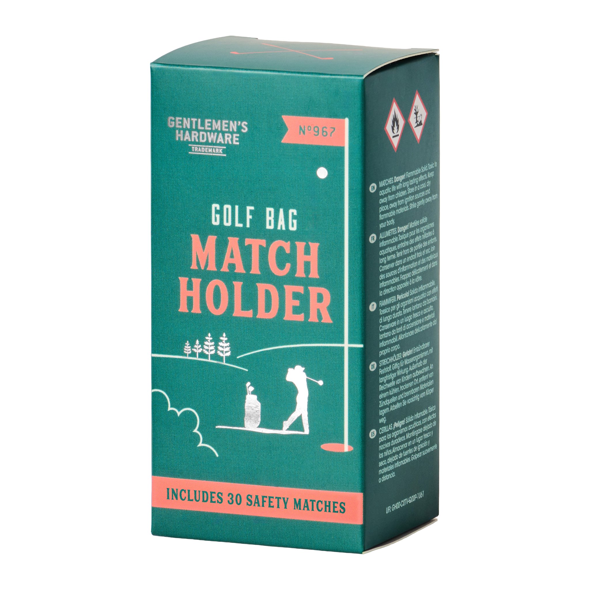 Angled view of the golf bag match holder box, showing the front and a side panel with warning symbols
