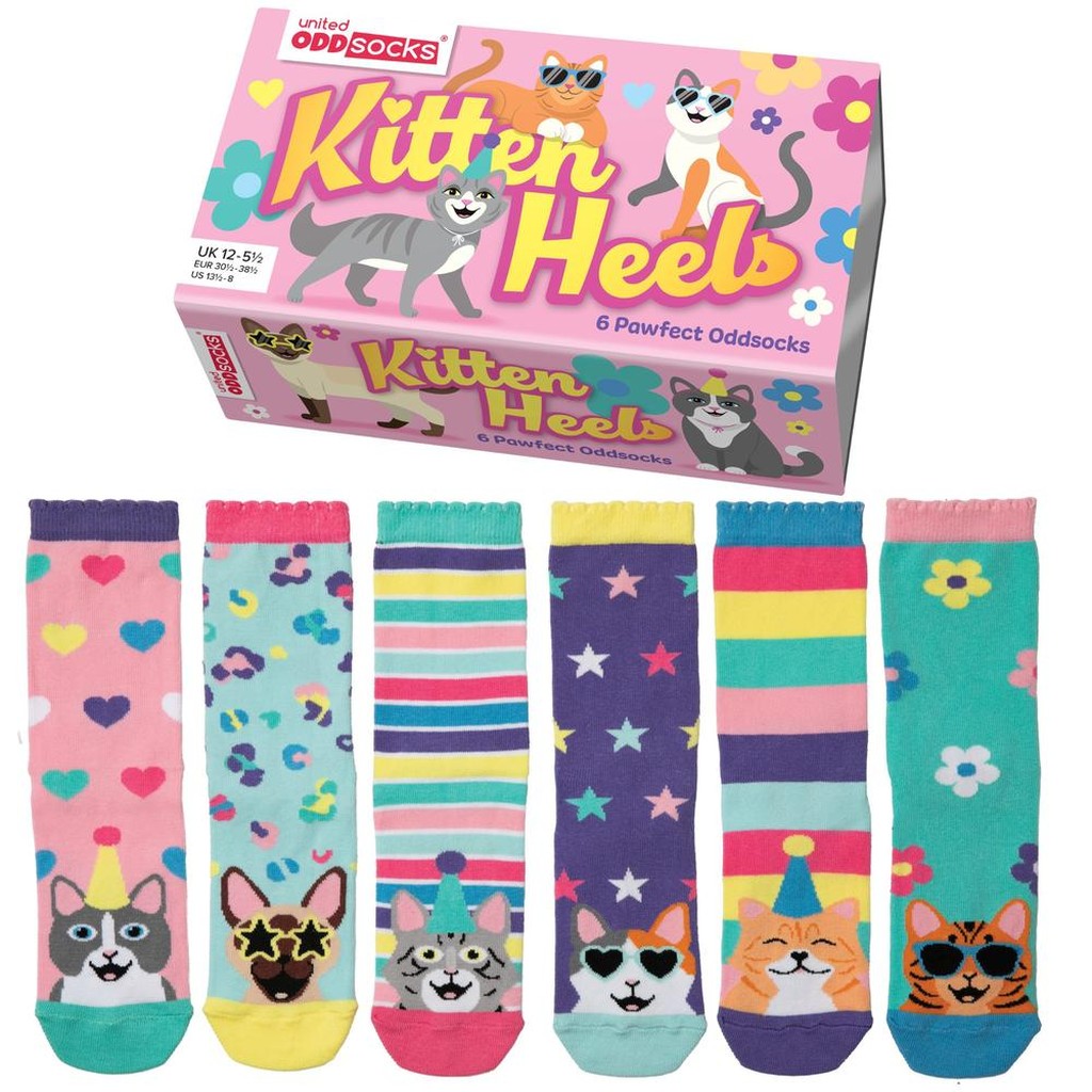 Kitten Heels Sockenset von United Oddsocks - 6 gemischte Socken mit Katzenmotiven