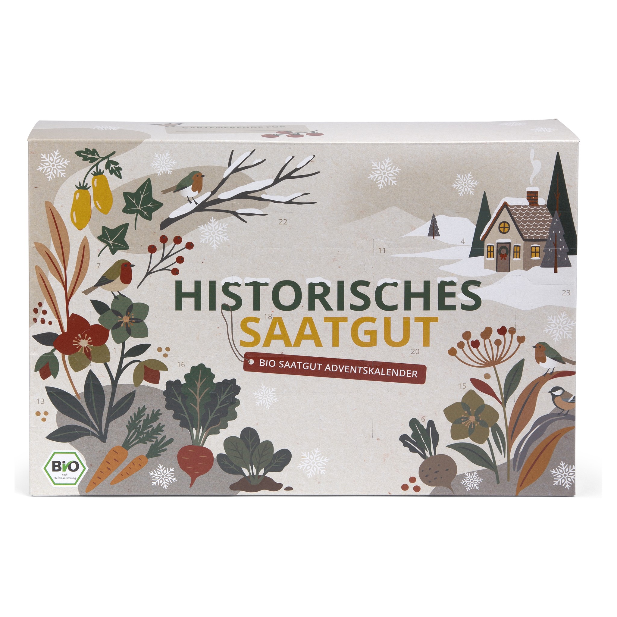 Vue de face du calendrier de l'Avent de semences avec légumes illustrés et maisonnette enneigée
