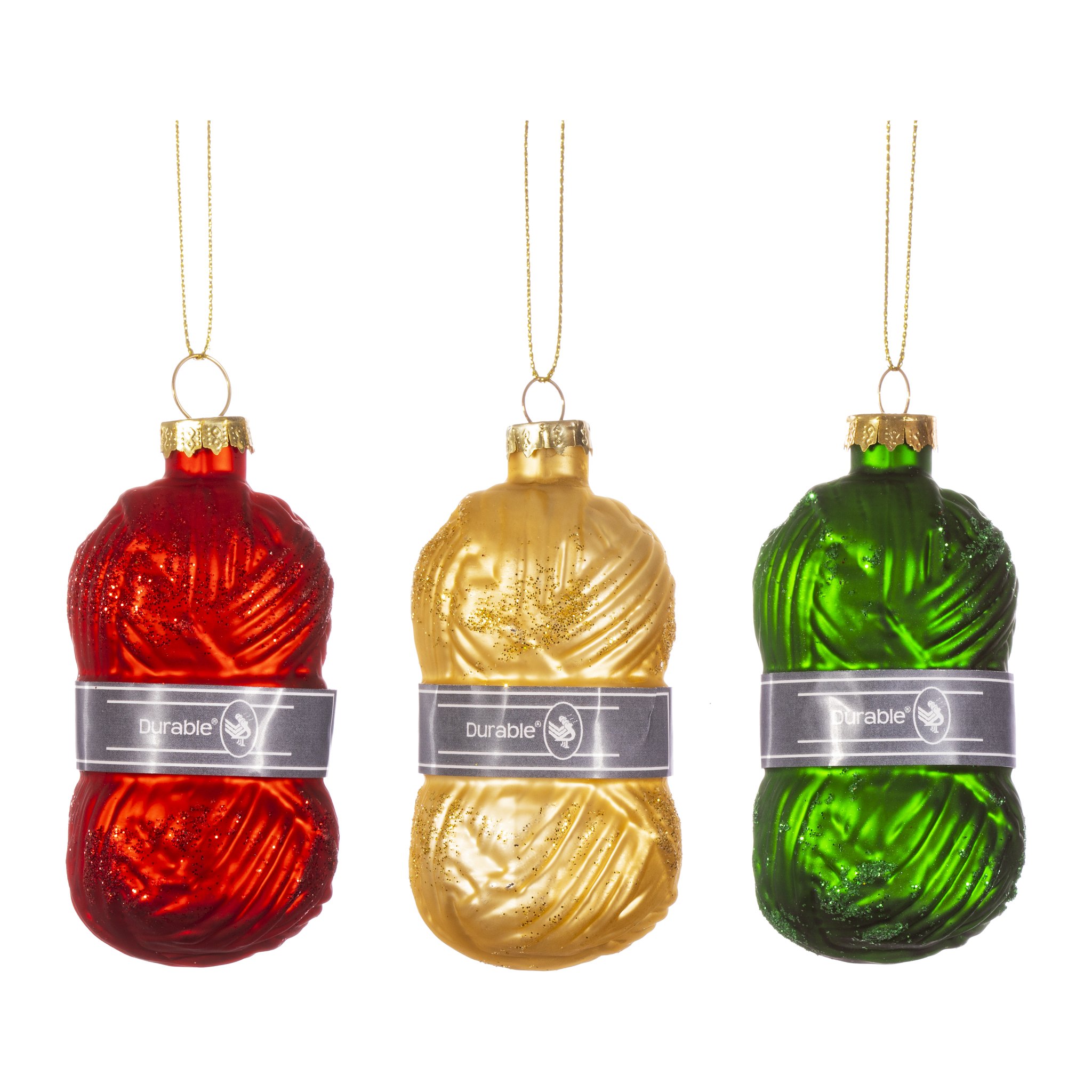 Drei Wollknäuel aus Glas in Rot, Gold und Grün als Christbaumschmuck
