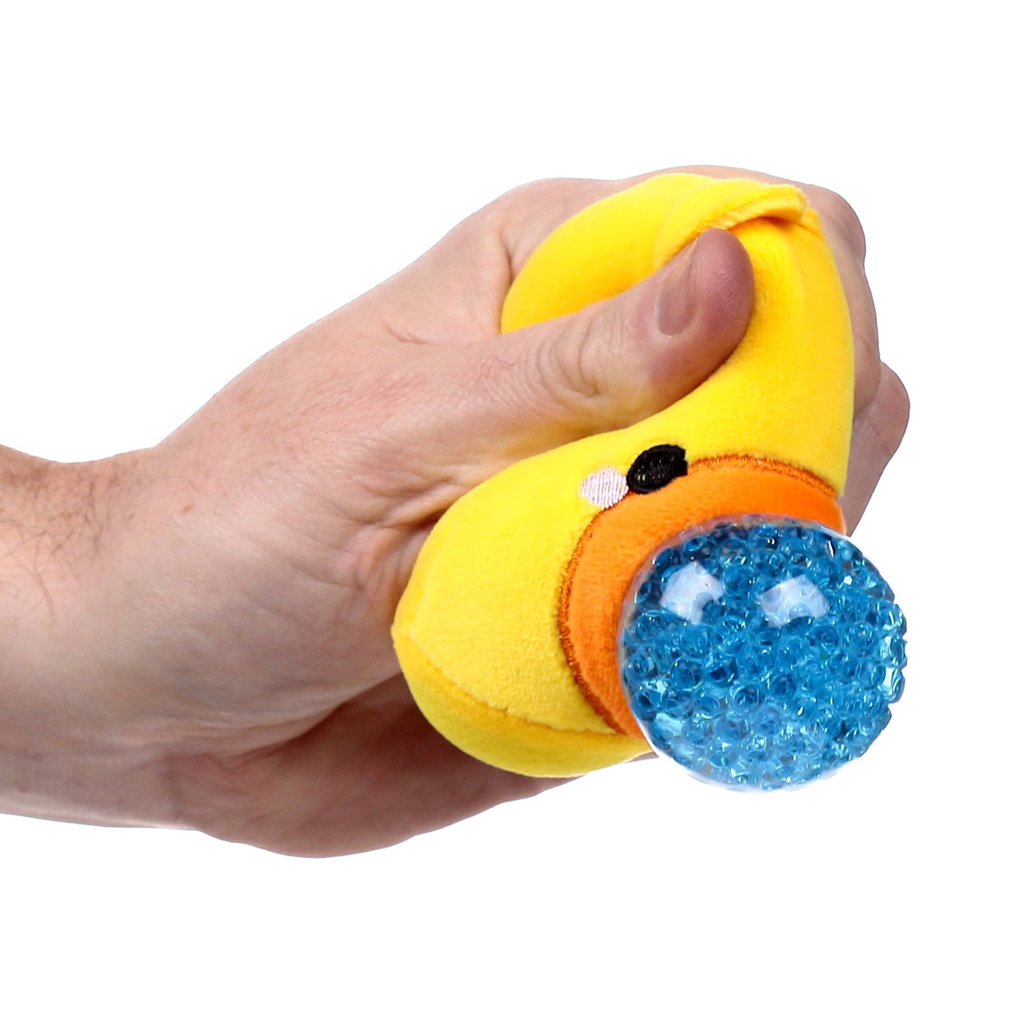 Kueken-Plueschstressball in der Hand, Gelkugel tritt hervor