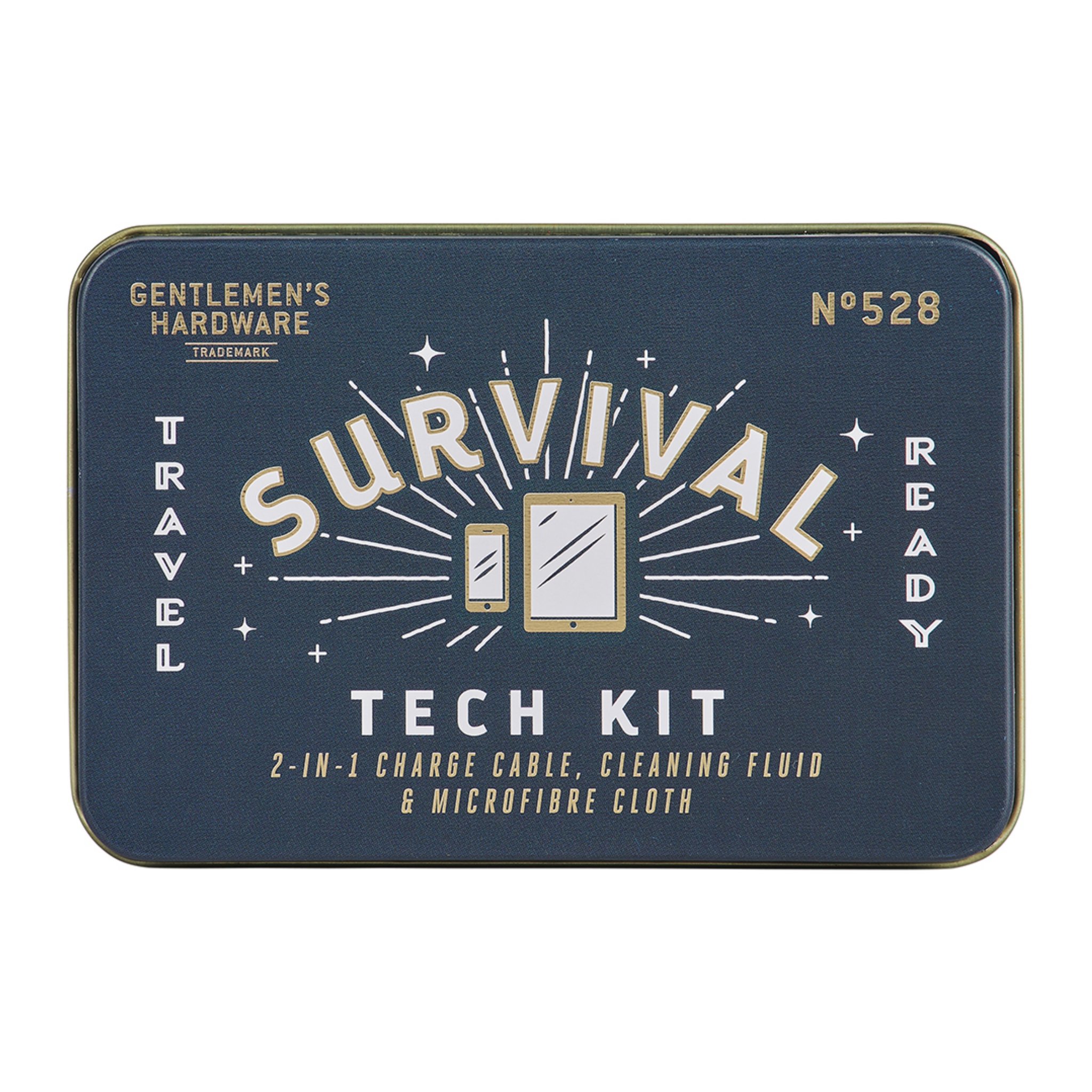 Marineblaue Dose des Survival Tech Kit mit goldenem Rand, Sternen und Tablet- sowie Smartphone-Symbol von vorne