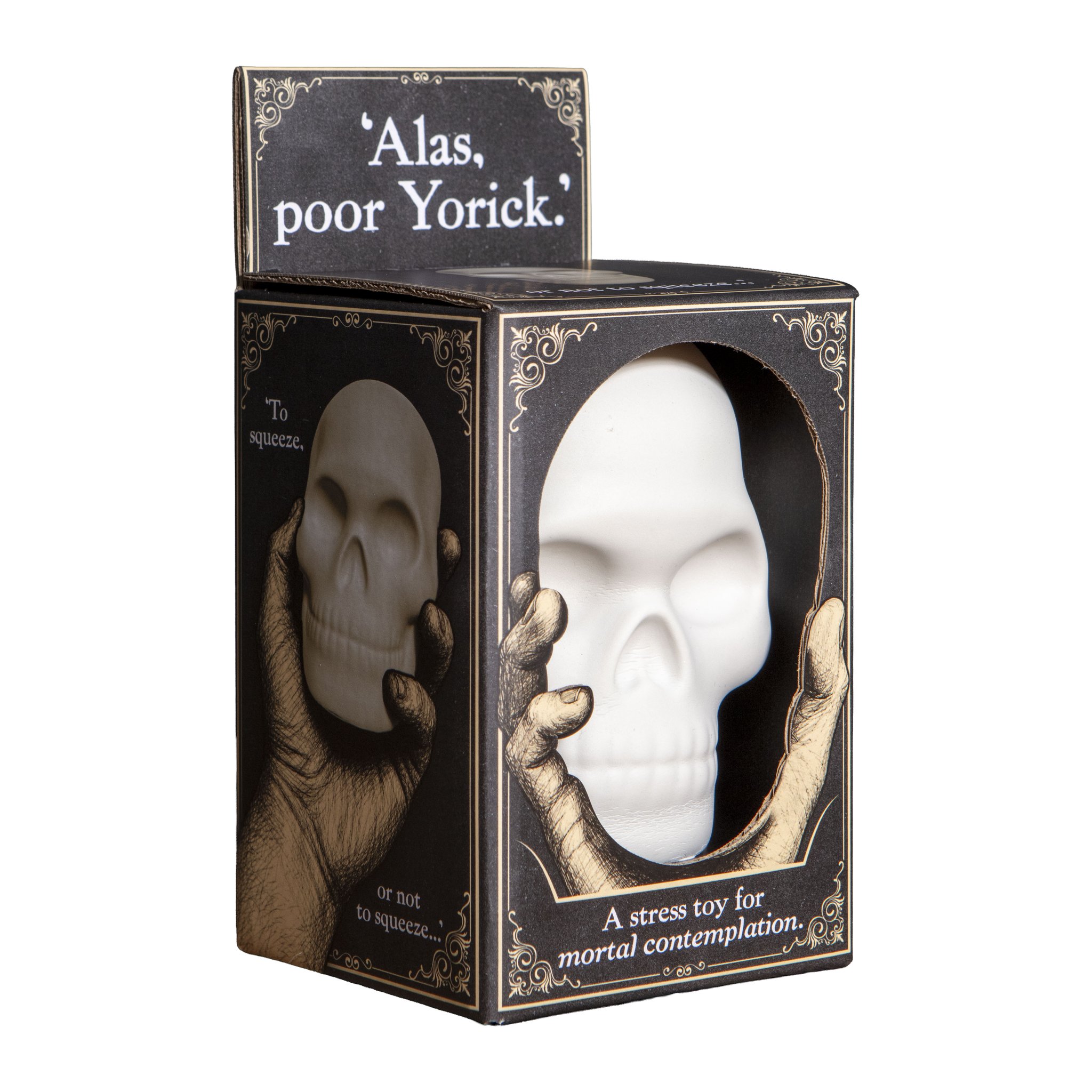 Boîte cadeau du squishy crâne Alas Poor Yorick vue de biais, avec l'illustration de main squelette