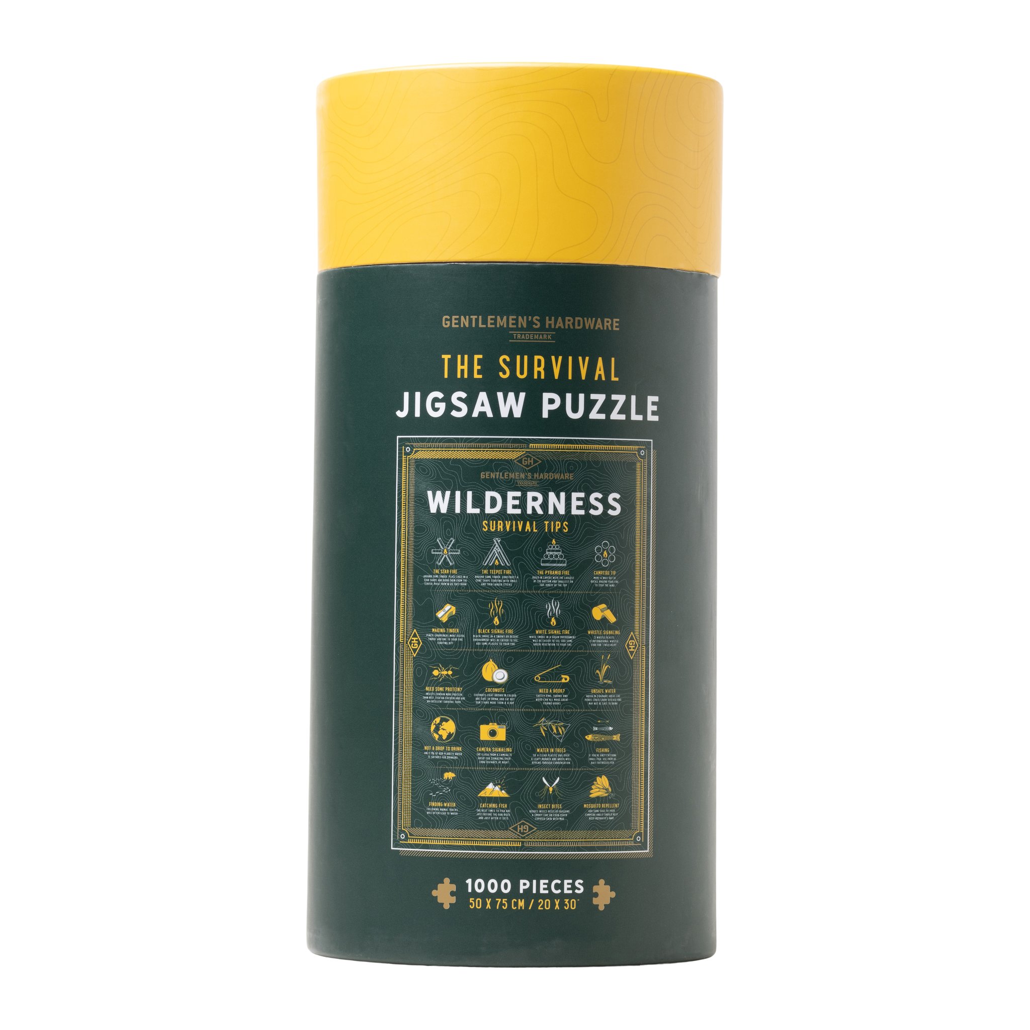 Fronte del tubo verde del puzzle sopravvivenza con coperchio giallo e motivo Wilderness Survival Tips