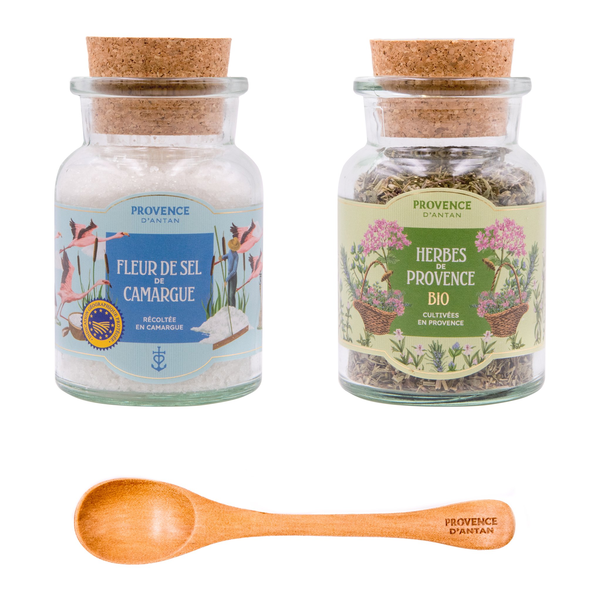 Barattoli di fleur de sel della Camargue ed erbe di Provenza bio con cucchiaino di legno