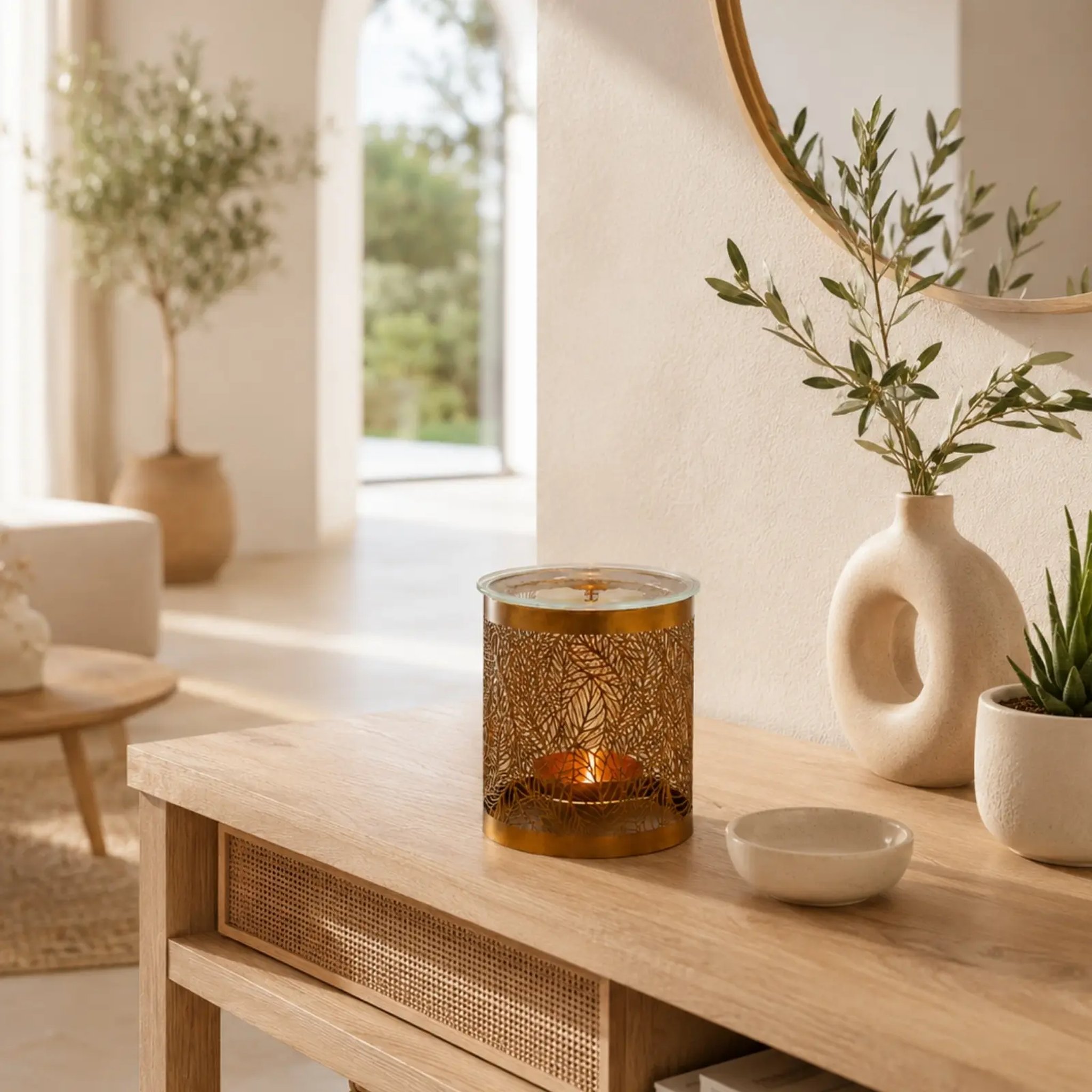 Leaf pattern oil burner on a light wooden sideboard in a bright room