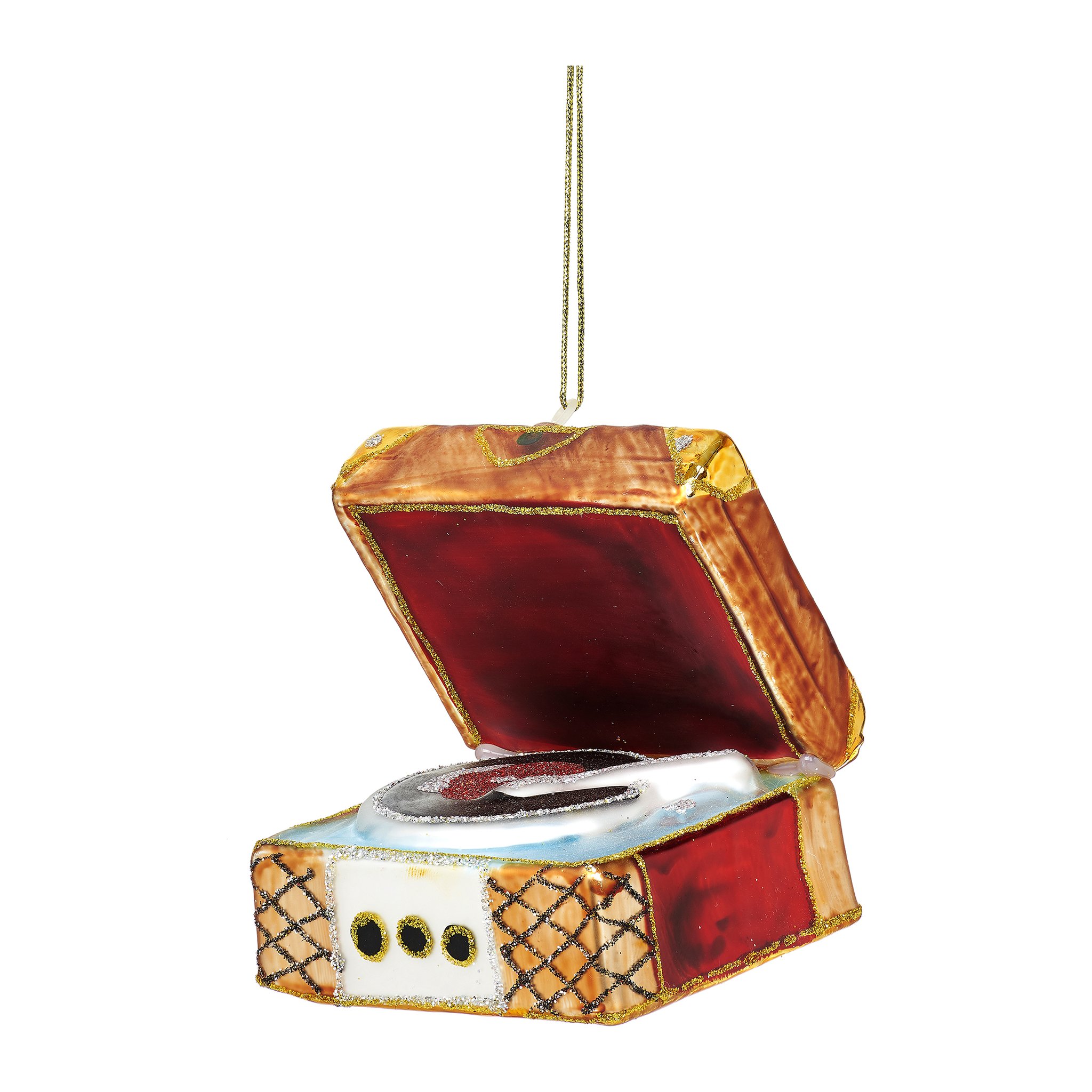 Glass retro record player in an open red case as a tree decoration