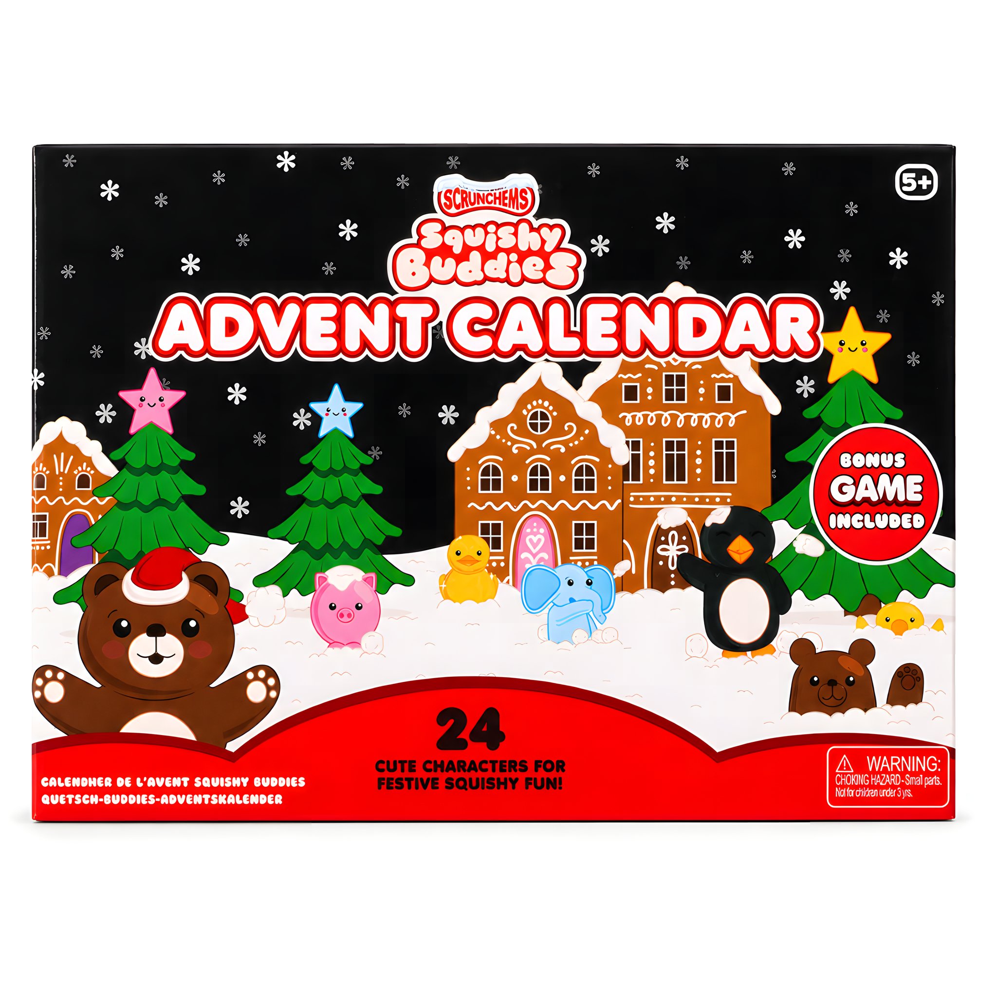 Verpackung des Scrunchems Squishy Buddies Adventskalenders mit Lebkuchen-Dorf und Bär
