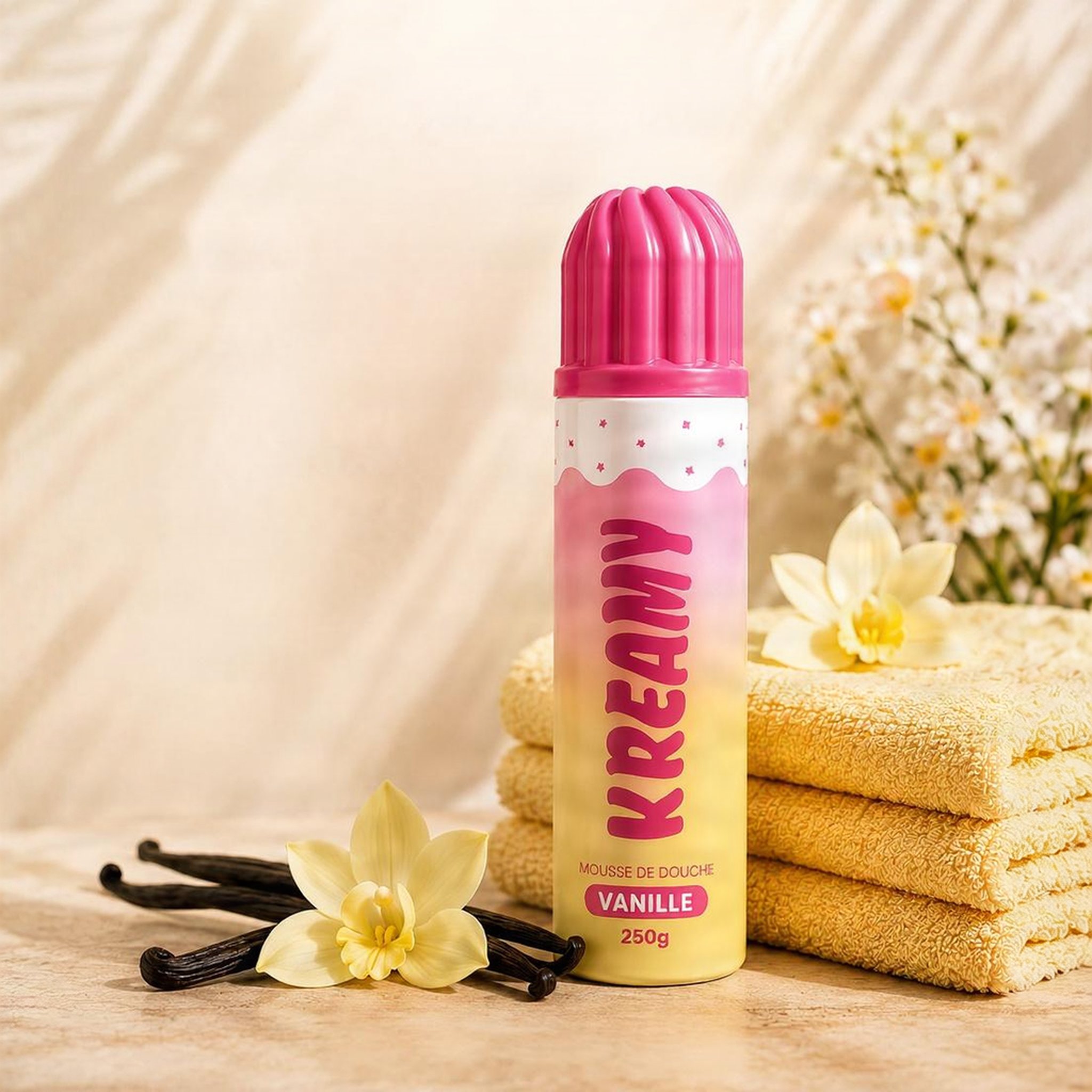 Kreamy Duschschaum Vanille mit Handtüchern, Vanilleschoten und Blüten