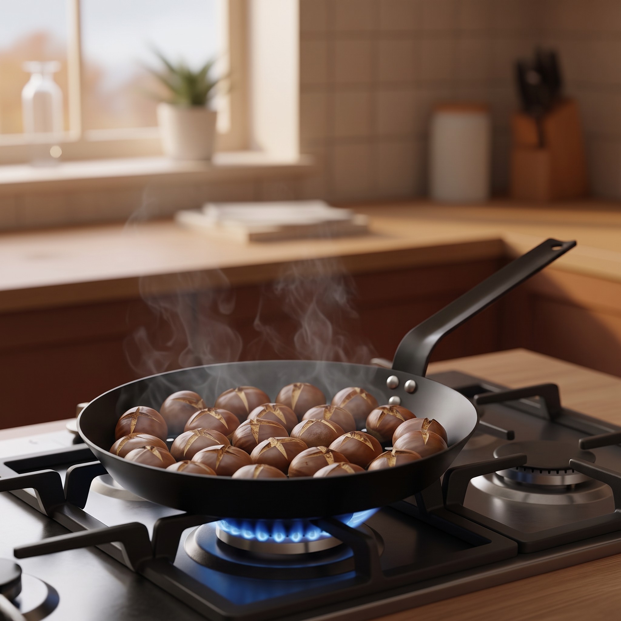 Chestnut pan with scored chestnuts on a gas hob