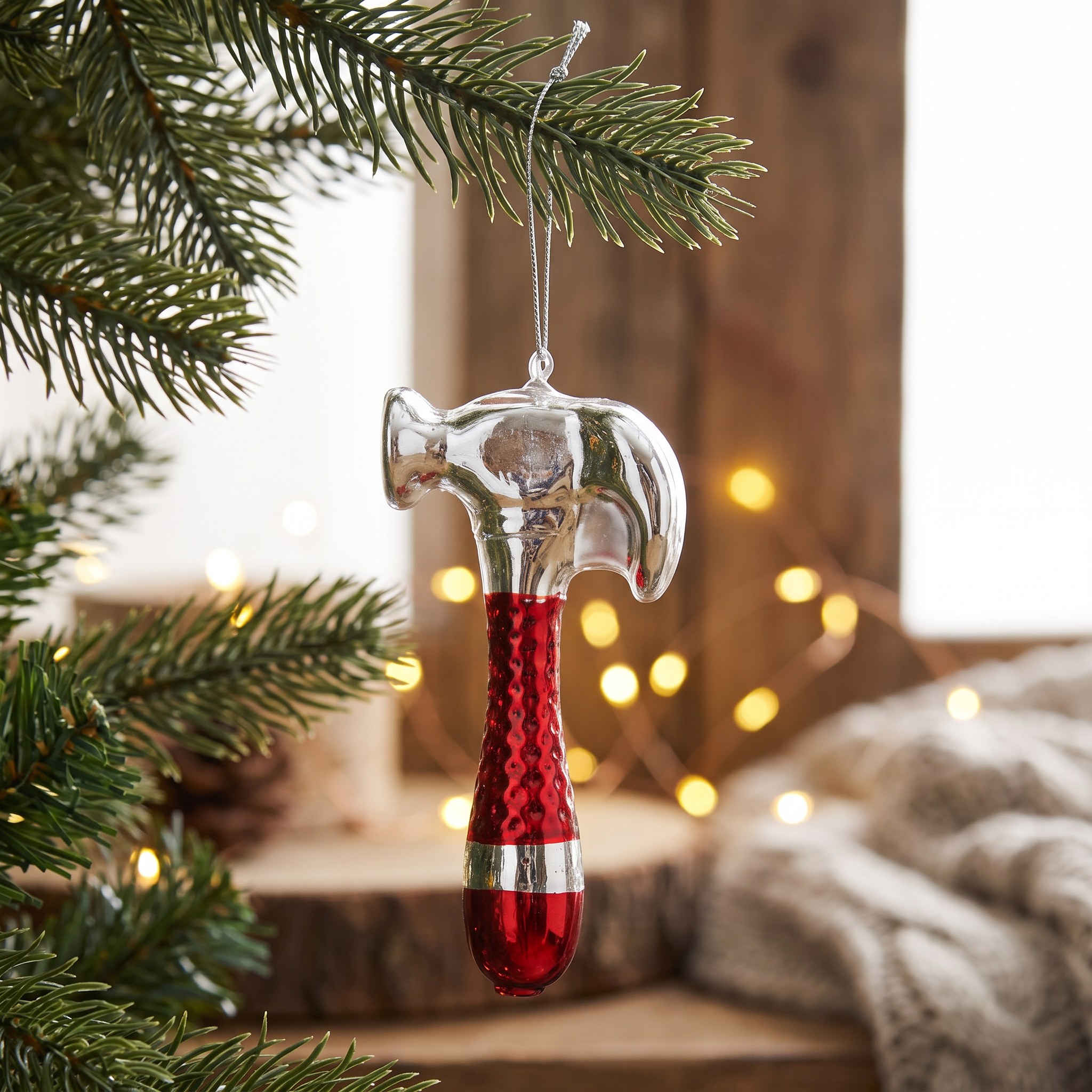 Christbaumschmuck Hammer aus Glas am Tannenzweig, im Hintergrund Holz und warme Lichter