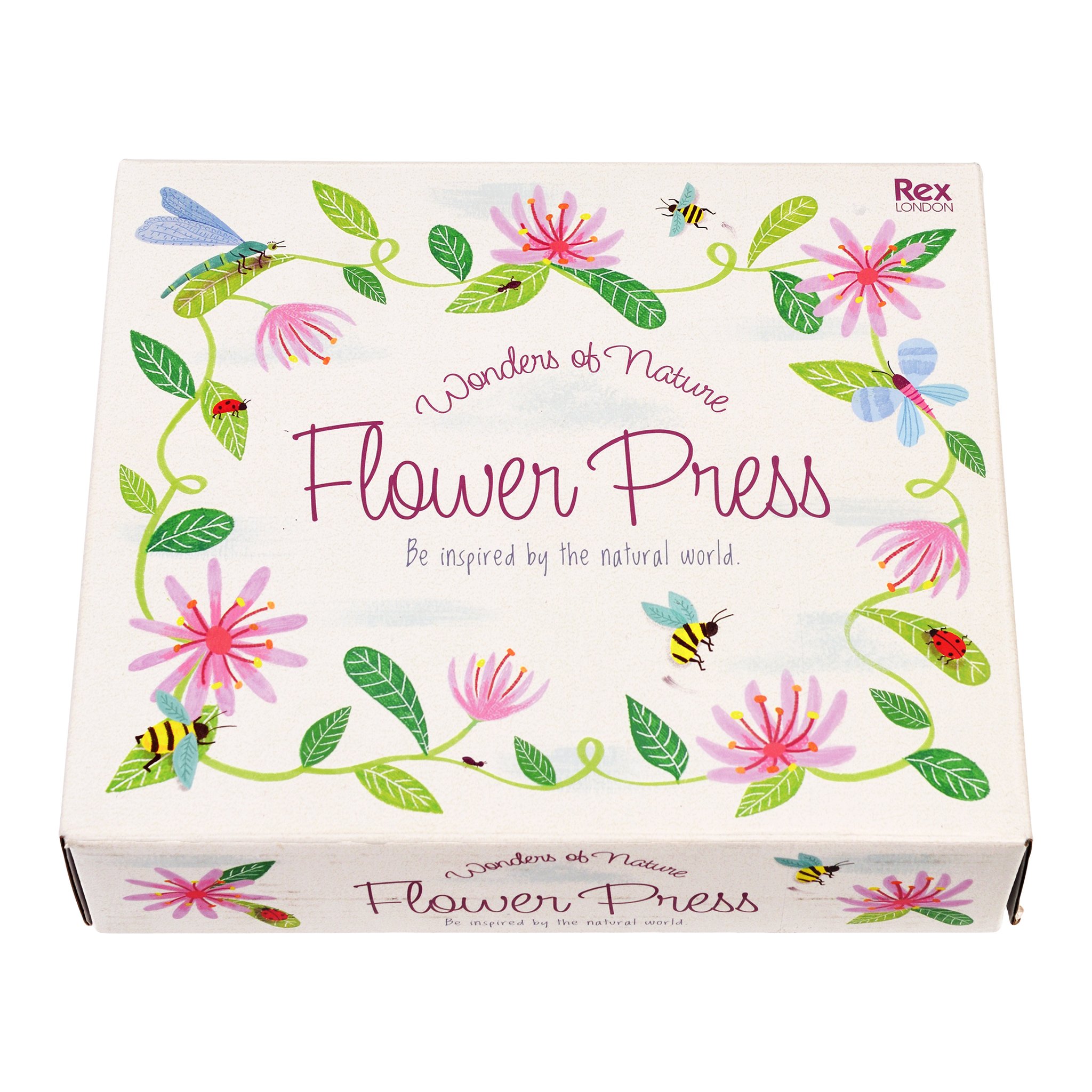 Boîte de la presse-fleurs avec fleurs, abeilles et libellules