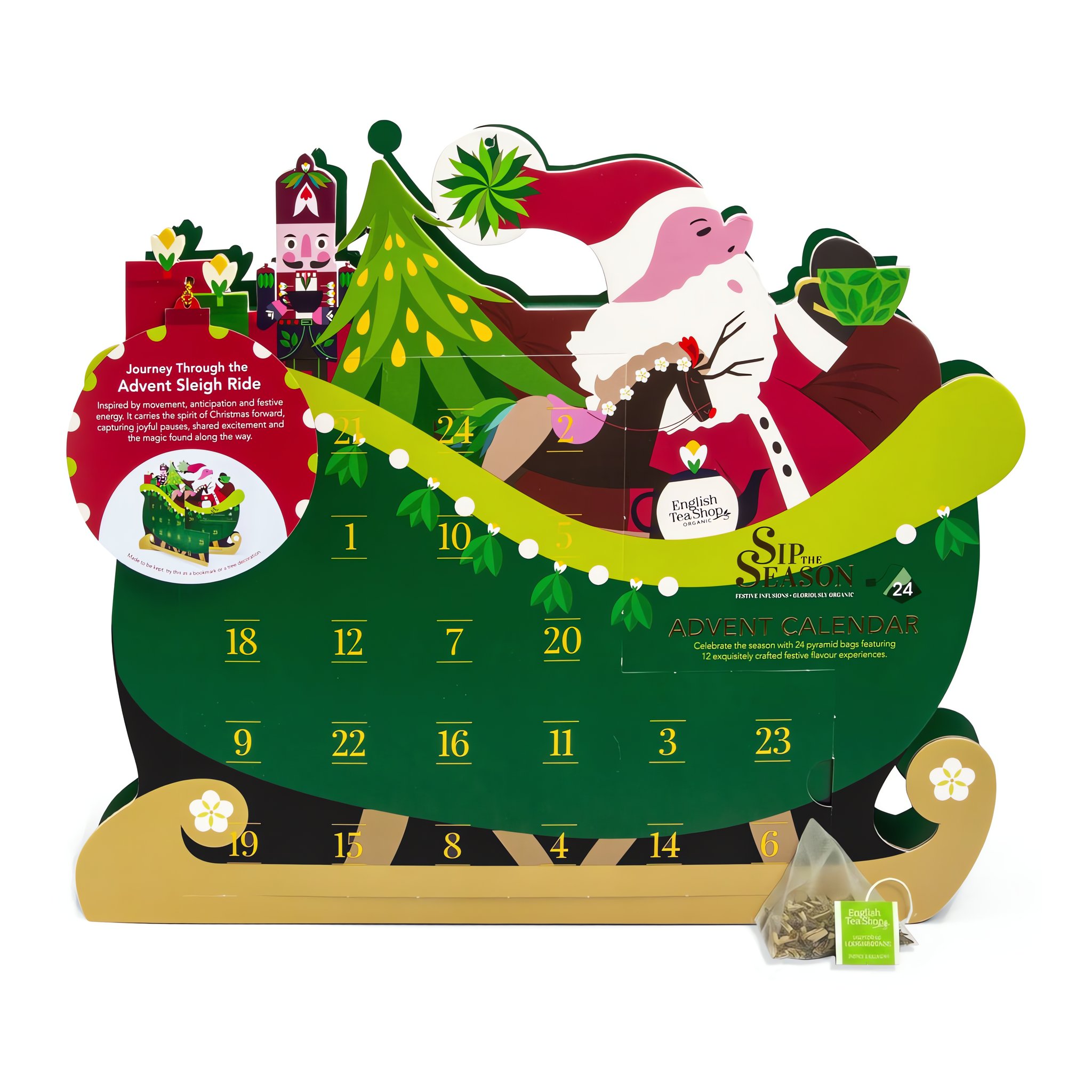 Grüner Tee-Adventskalender in Schlittenform mit Weihnachtsmann und nummerierten Türchen
