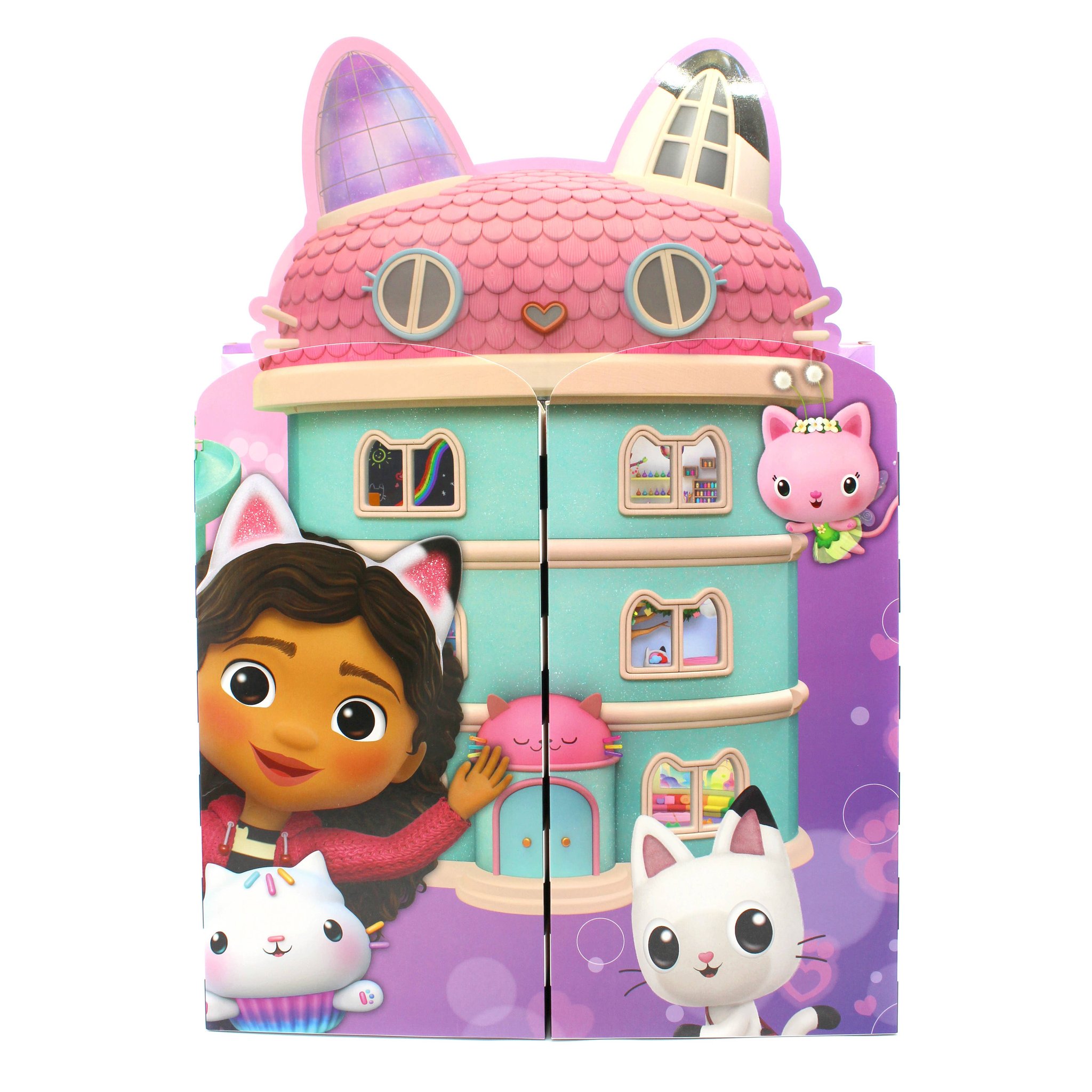 Gabby's Dollhouse Adventskalender geschlossen: Puppenhaus mit rosa Katzendach, Gabby und Pandy Paws auf der Front